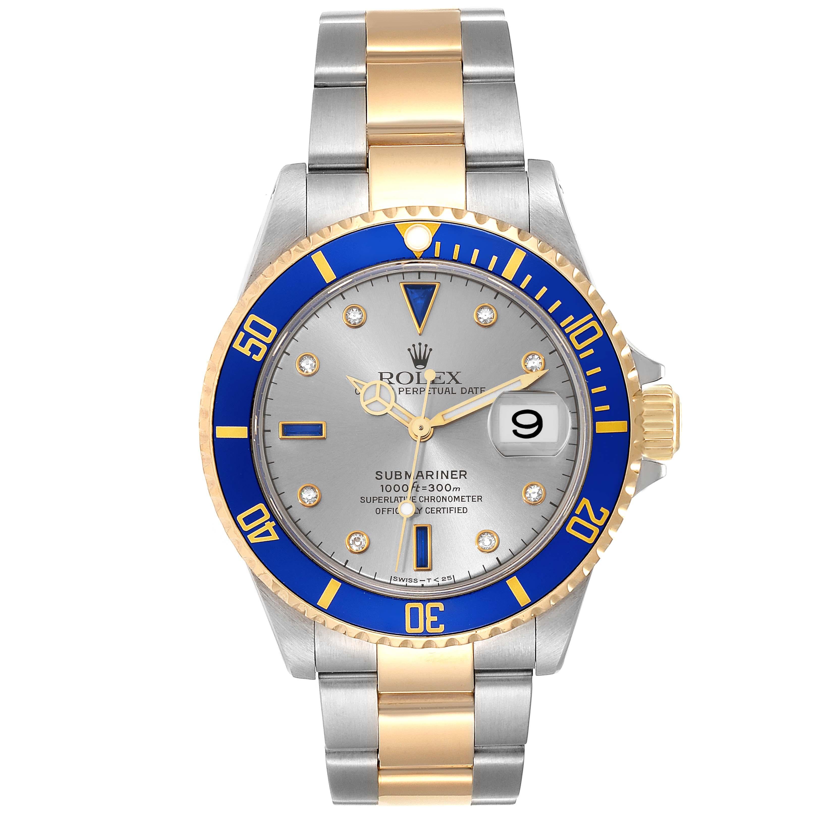 Rolex Submariner Steel Yellow Gold Diamond Serti Dial Mens Watch 16613 In Excellent Condition In Atlanta, GA