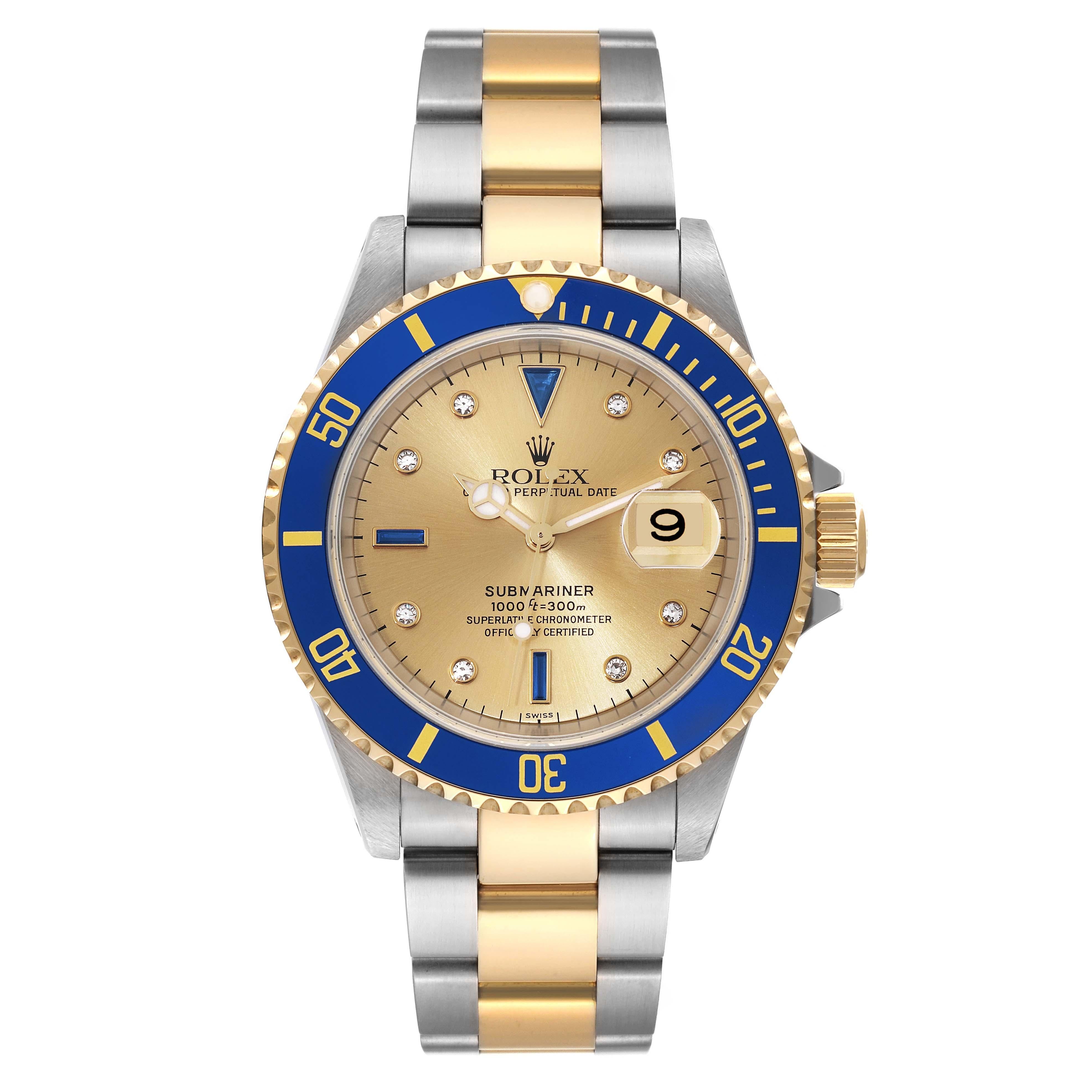 Rolex Submariner Steel Yellow Gold Diamond Serti Dial Watch 16613 Unworn NOS. Officially certified chronometer automatic self-winding movement. Stainless steel and 18k yellow gold case 40 mm in diameter. Rolex logo on the crown. Blue insert special