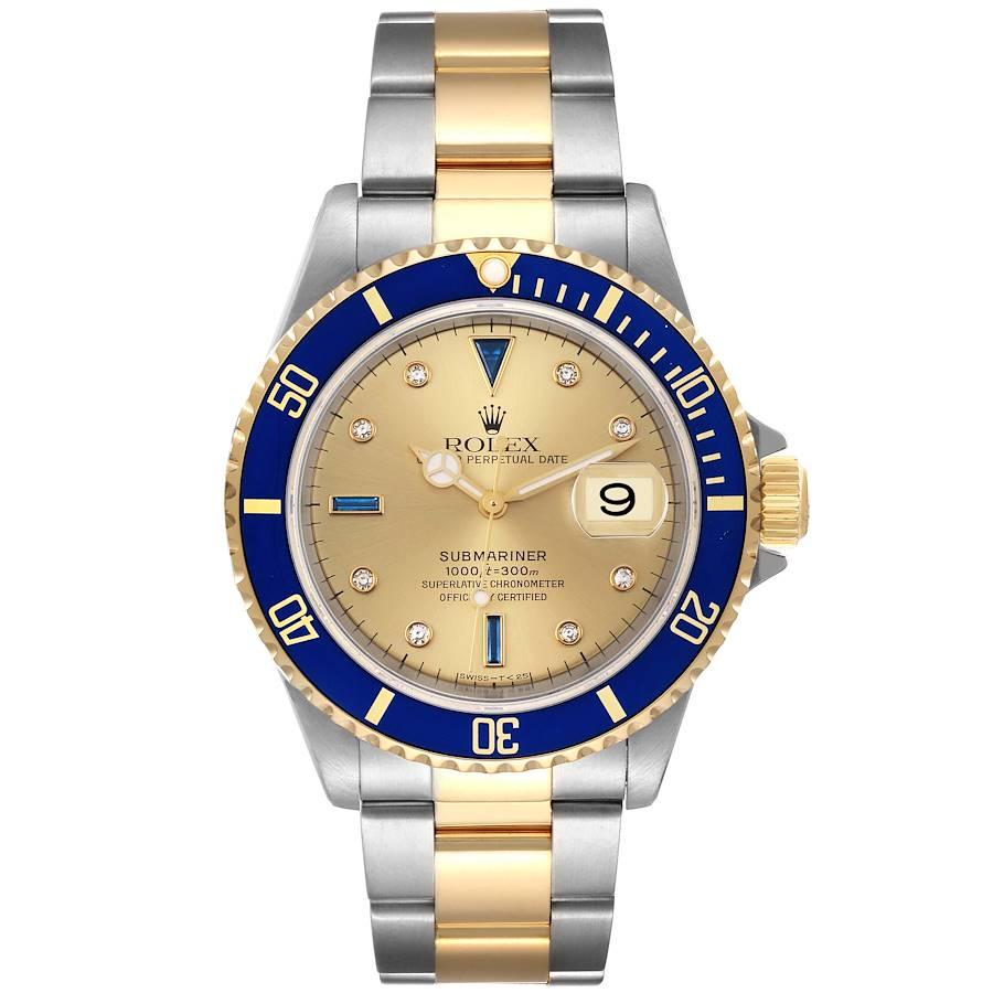 Rolex Submariner Steel Yellow Gold Serti Dial Mens Watch 16613 Box Service Card. Officially certified chronometer automatic self-winding movement. Stainless steel and 18k yellow gold case 40 mm in diameter. Rolex logo on the crown. Blue insert