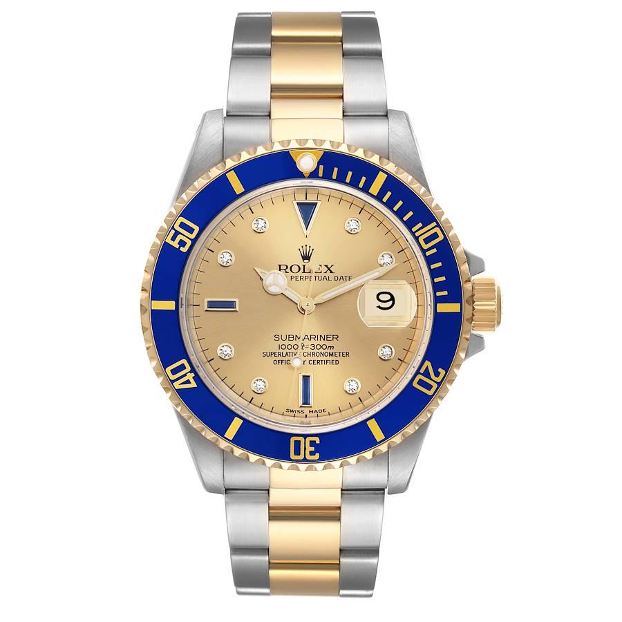 Rolex Submariner Steel Yellow Gold Serti Dial Mens Watch 16613. Officially certified chronometer automatic self-winding movement. Stainless steel and 18k yellow gold case 40 mm in diameter. Rolex logo on the crown. Blue insert special time-lapse