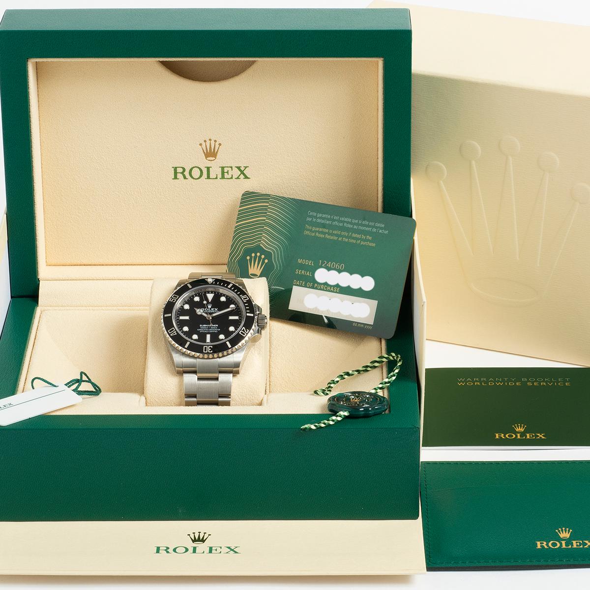 Our Rolex Submariner ( Submariner no date) reference 124060 features a 41mm stainless steel case with stainless steel bracelet with easy glide clasp with flip lock. This is a lightly used example of the latest Submariner and is presented in