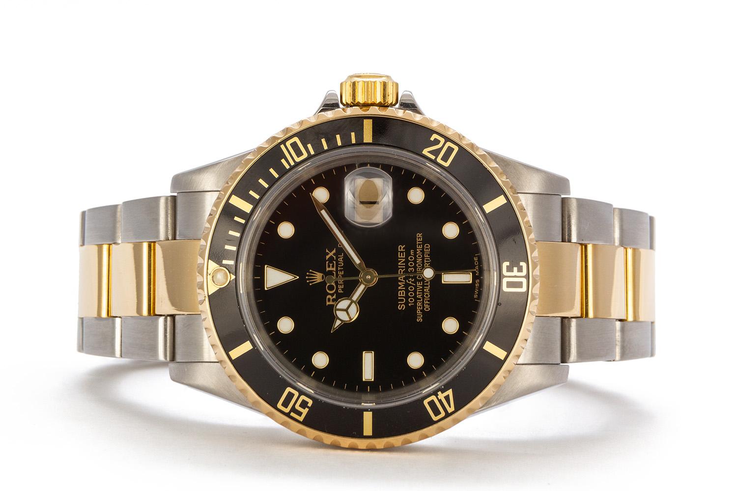 We are pleased to offer this 2006 Rolex Mens Two Tone Submariner 16613. It features a 40mm stainless steel case with black dial, 18k yellow gold bezel with black metal insert, stainless steel & 18k yellow gold bracelet with polished center links. It