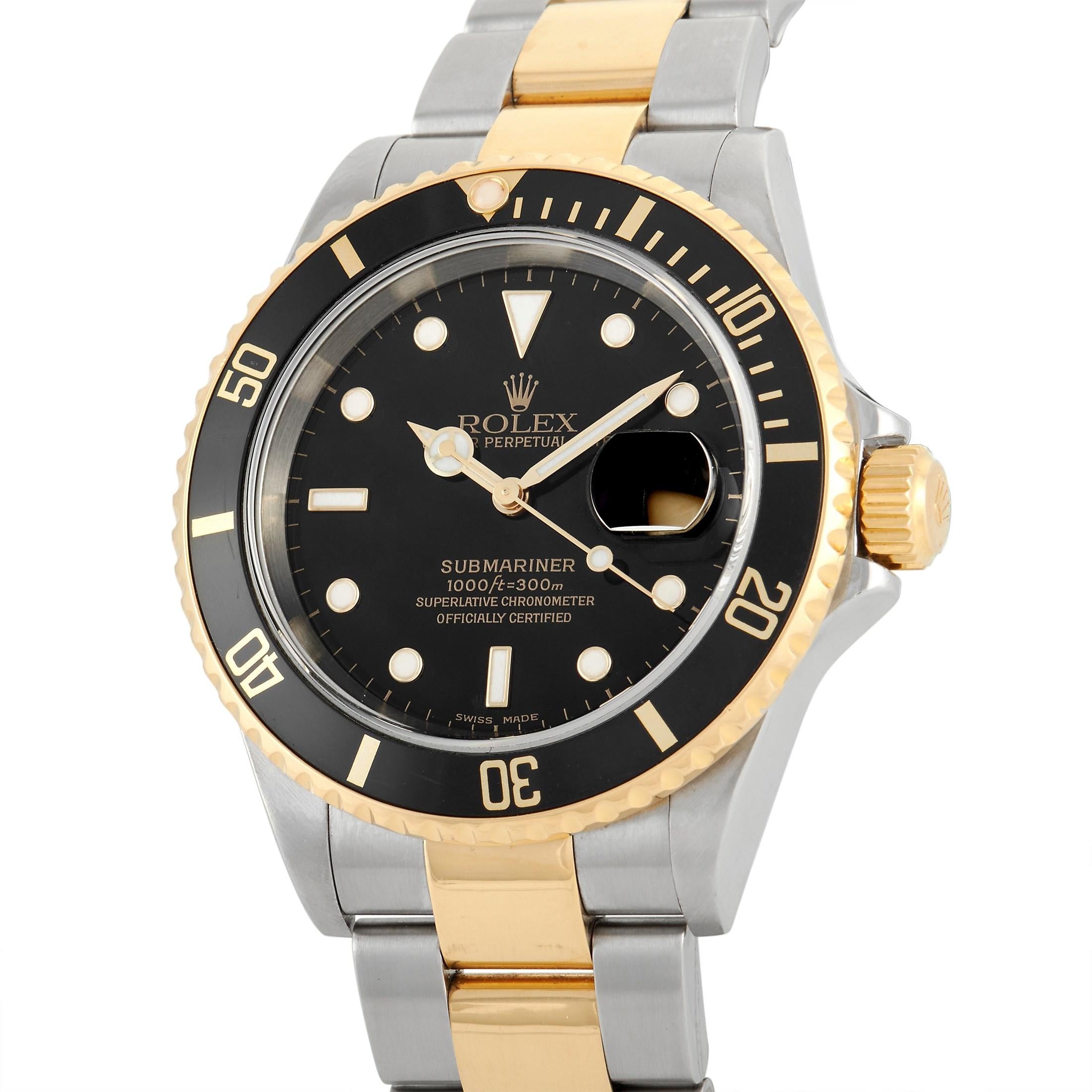 Considered by devotees as the 'last of the best,' this Rolex ref. 16613 features a classic-style design. The case and the outer links of the three-link Oyster bracelet are made from stainless steel. The bezel, crown, and the center links are in 18K