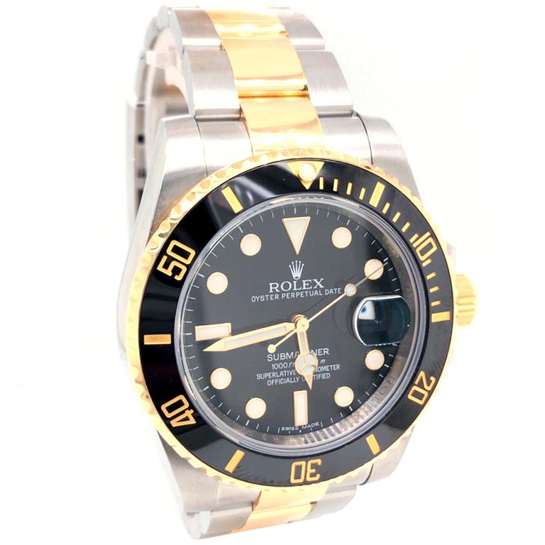 Rolex Submariner Two-Tone Gold Black Dial Stainless Steel Oyster Watch 116613LN In Good Condition For Sale In Aventura, FL
