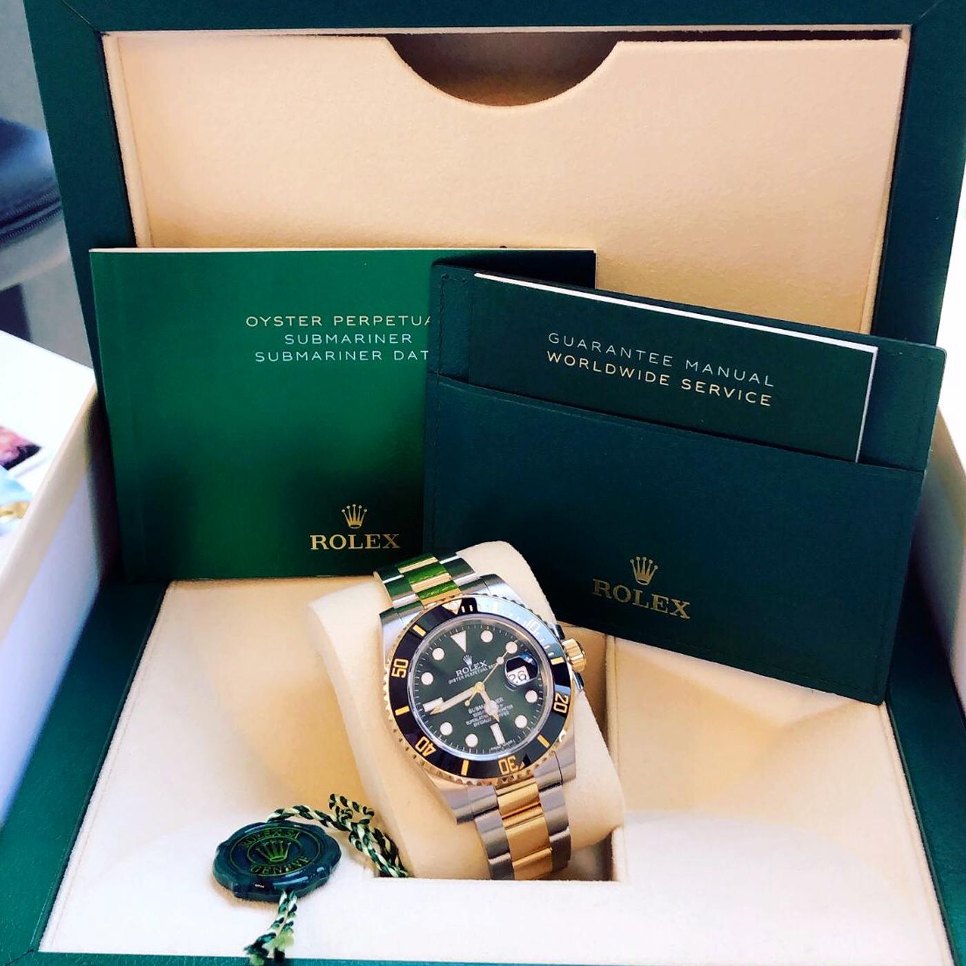 Women's or Men's Rolex Submariner Two-Tone Gold Black Dial Stainless Steel Oyster Watch 116613LN