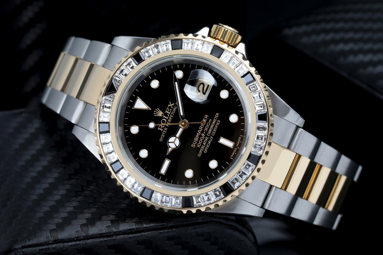 Round Cut Rolex Submariner Two Tone Watch with Custom Diamond Bezel 16613 For Sale
