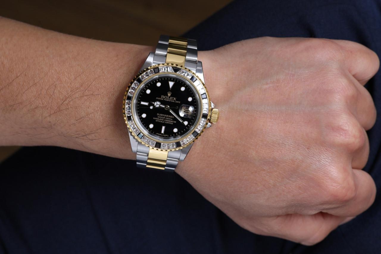 Rolex Submariner Two Tone Watch with Custom Diamond Bezel 16613 For Sale 1