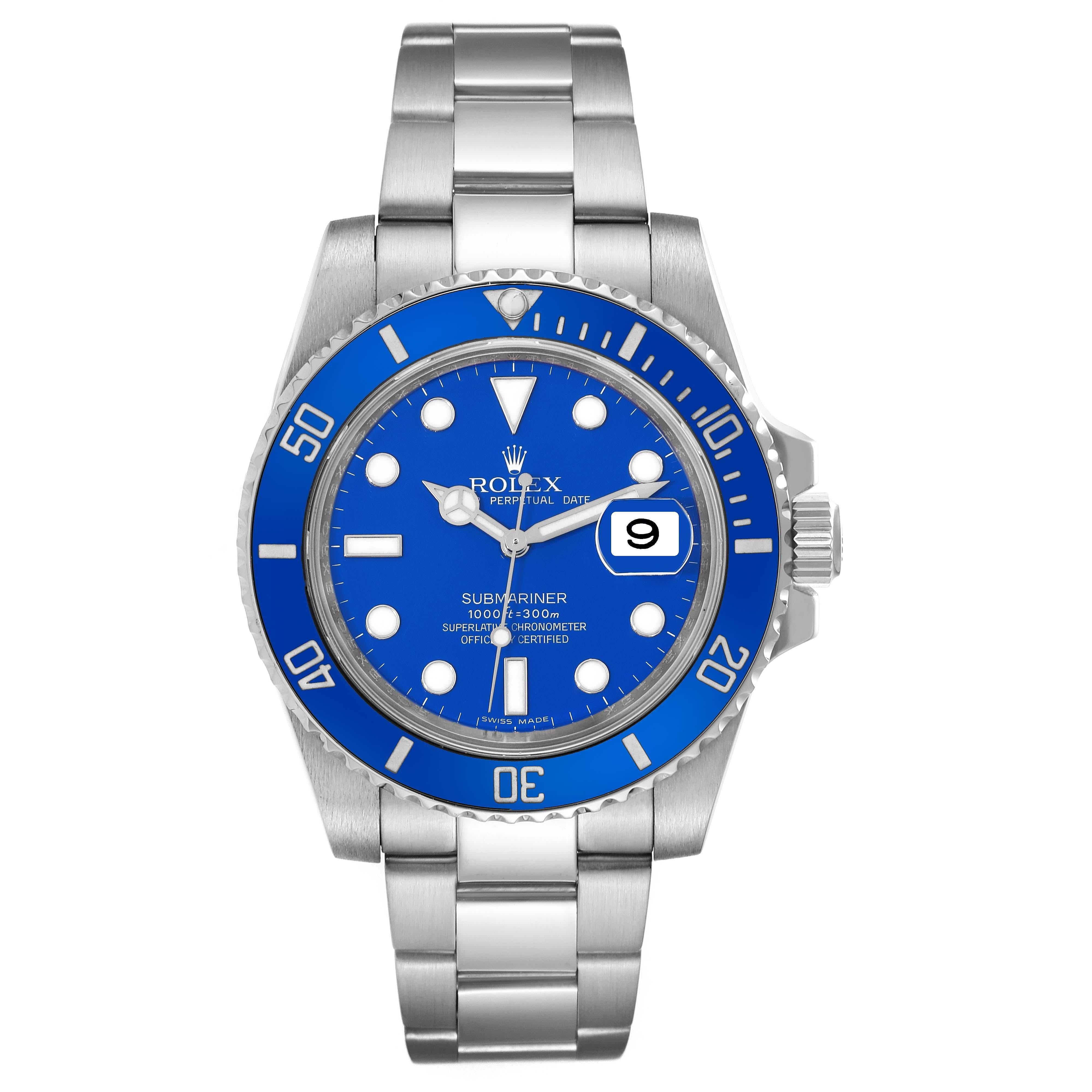 Rolex Submariner White Gold Blue Dial Ceramic Bezel Mens Watch 116619. Officially certified chronometer automatic self-winding movement. 18k white gold case 40.0 mm in diameter. Rolex logo on a crown. Ceramic blue Ion-plated special time-lapse