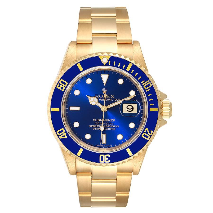 Rolex Submariner Yellow Gold Blue Dial 40mm Mens Watch 16618 Box Papers. Officially certified chronometer self-winding movement. 18k yellow gold case 40.0 mm in diameter. Rolex logo on a crown. Blue insert special time-lapse unidirectional rotating