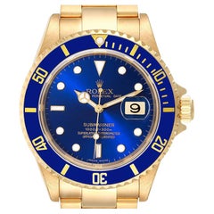 Rolex Submariner Yellow Gold Blue Dial Mens Watch 16618 Box Papers