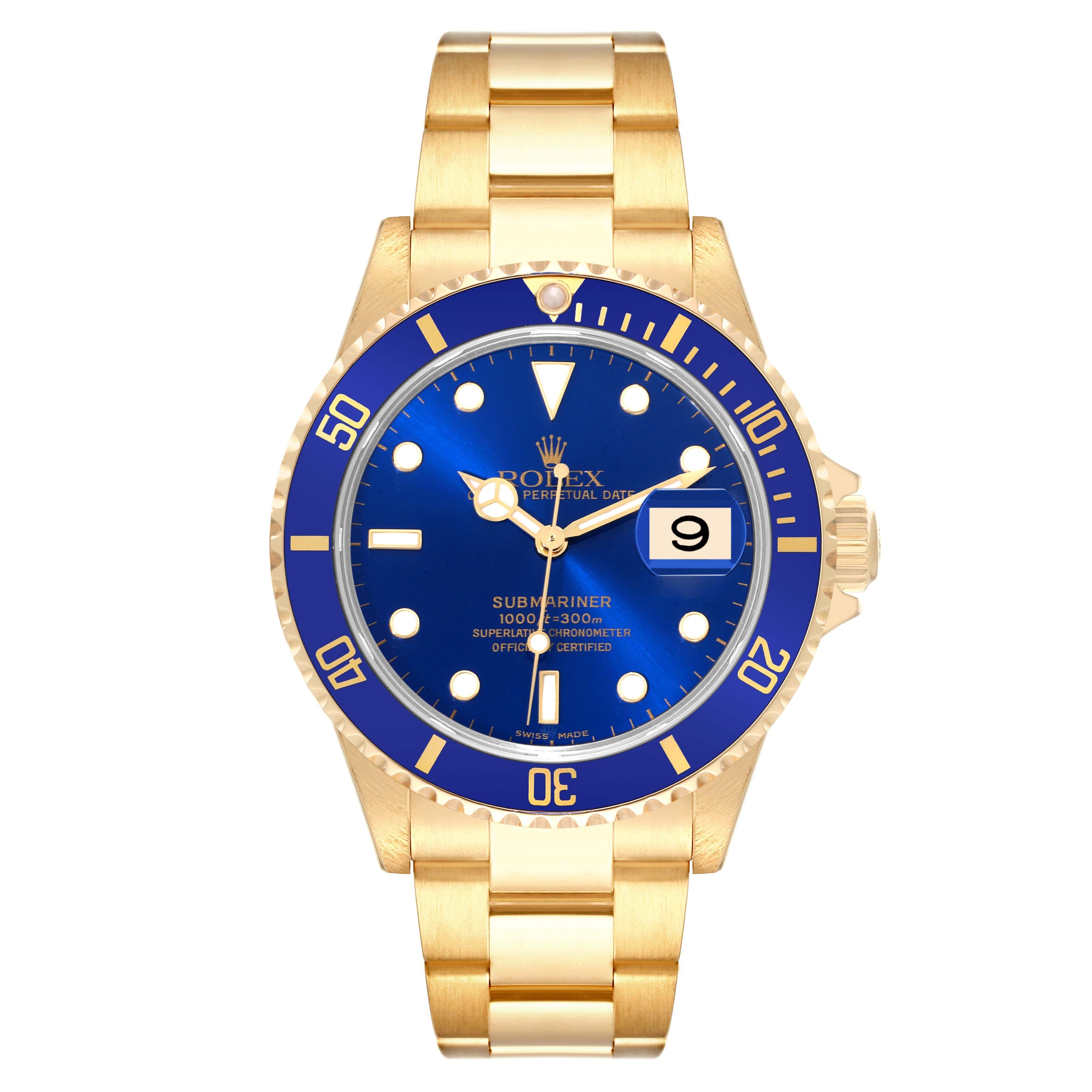 Rolex Submariner Yellow Gold Blue Dial 40mm Mens Watch 16618. Officially certified chronometer automatic self-winding movement. 18k yellow gold case 40.0 mm in diameter. Rolex logo on a crown. Blue insert special time-lapse unidirectional rotating