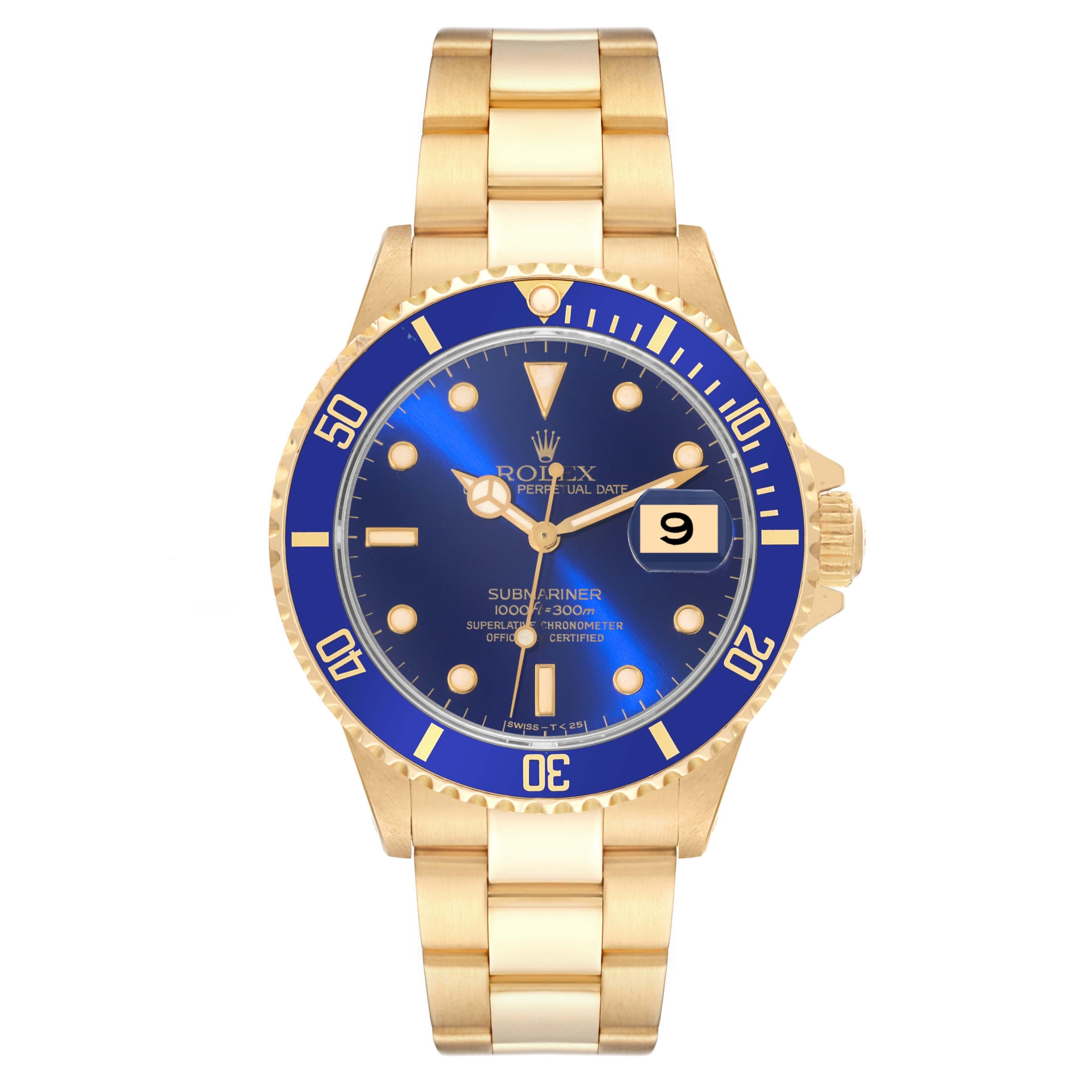  Rolex Submariner Yellow Gold Blue Dial 40mm Mens Watch 16618 Pour hommes 