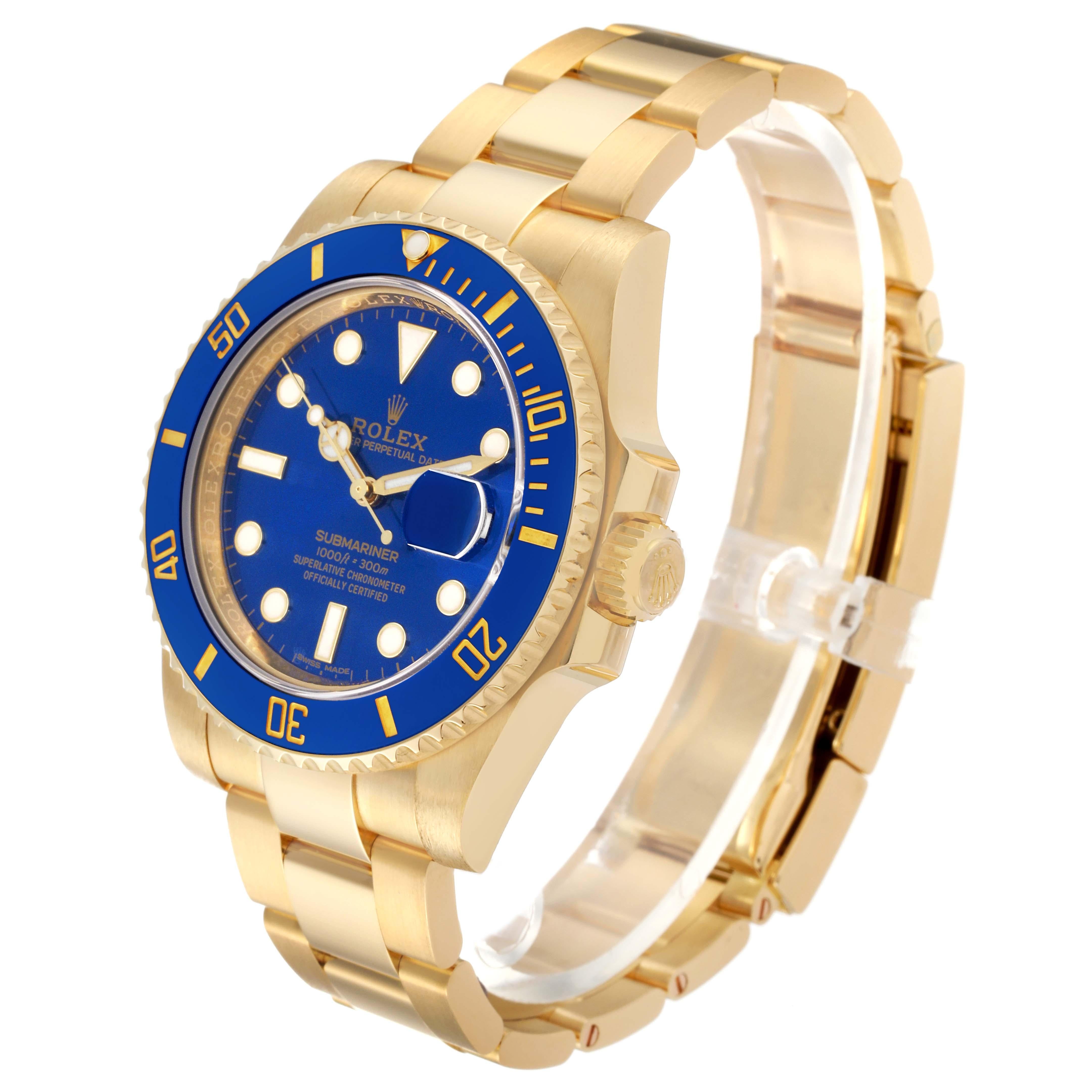 Rolex Submariner Yellow Gold Blue Dial Ceramic Bezel Mens Watch 116618 Box Card For Sale 7