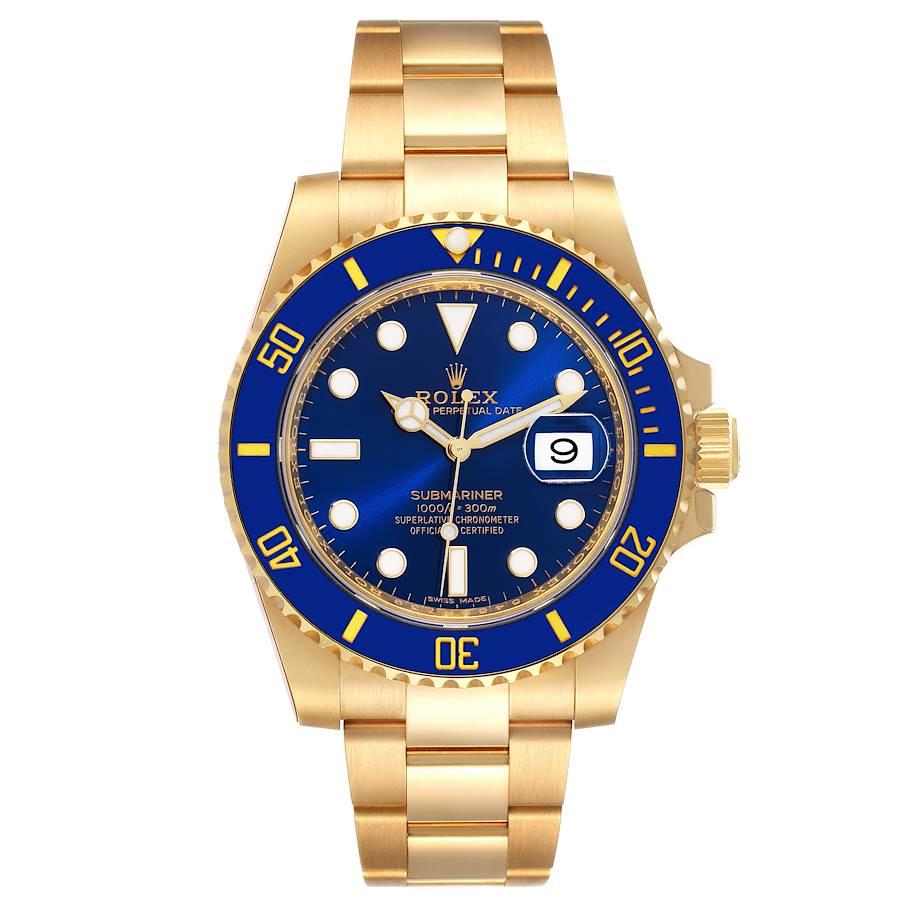 Rolex Submariner Yellow Gold Blue Dial Ceramic Bezel Mens Watch 116618 Box Card. Officially certified chronometer self-winding movement. 18k yellow gold case 40.0 mm in diameter. Rolex logo on a crown. Ceramic blue Ion-plated special time-lapse