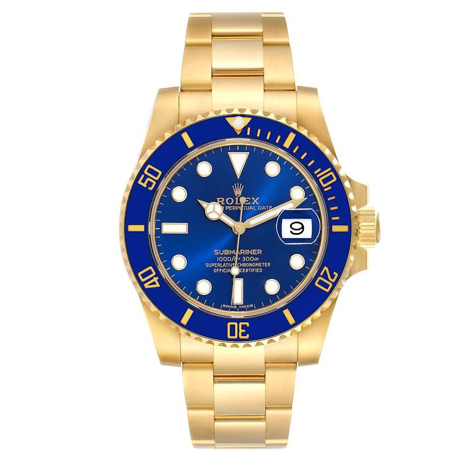 Rolex Submariner Yellow Gold Blue Dial Ceramic Bezel Mens Watch 116618 Box Card. Officially certified chronometer self-winding movement. 18k yellow gold case 40.0 mm in diameter. Rolex logo on a crown. Ceramic blue Ion-plated special time-lapse