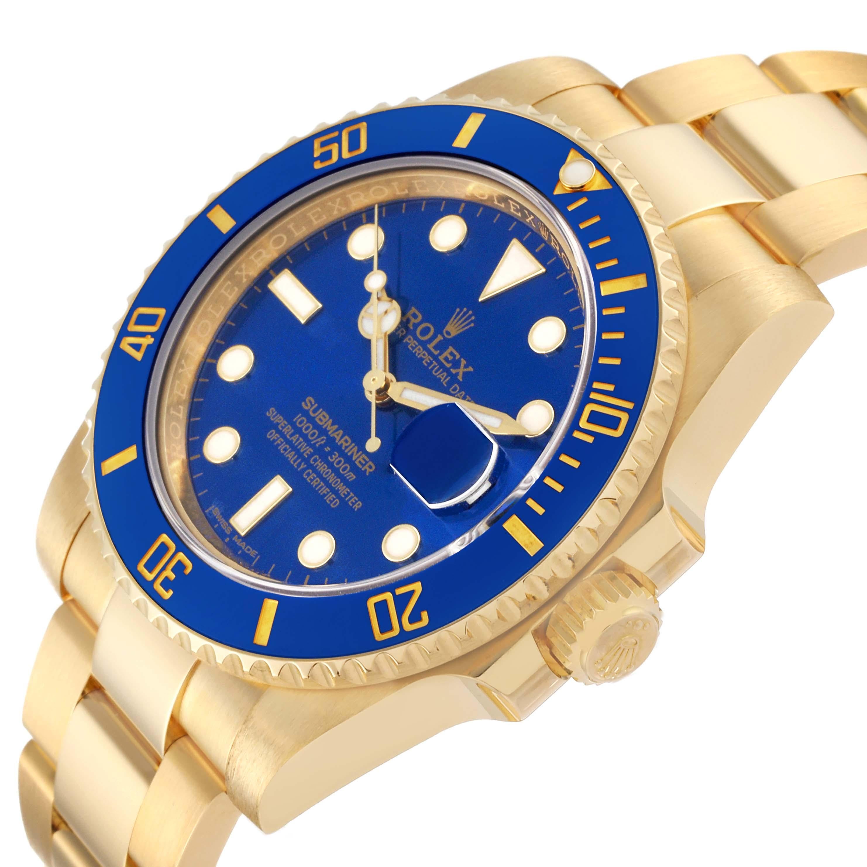 Rolex Submariner Yellow Gold Blue Dial Ceramic Bezel Mens Watch 116618 Box Card. Officially certified chronometer automatic self-winding movement. 18k yellow gold case 40.0 mm in diameter. Rolex logo on a crown. Ceramic blue Ion-plated special