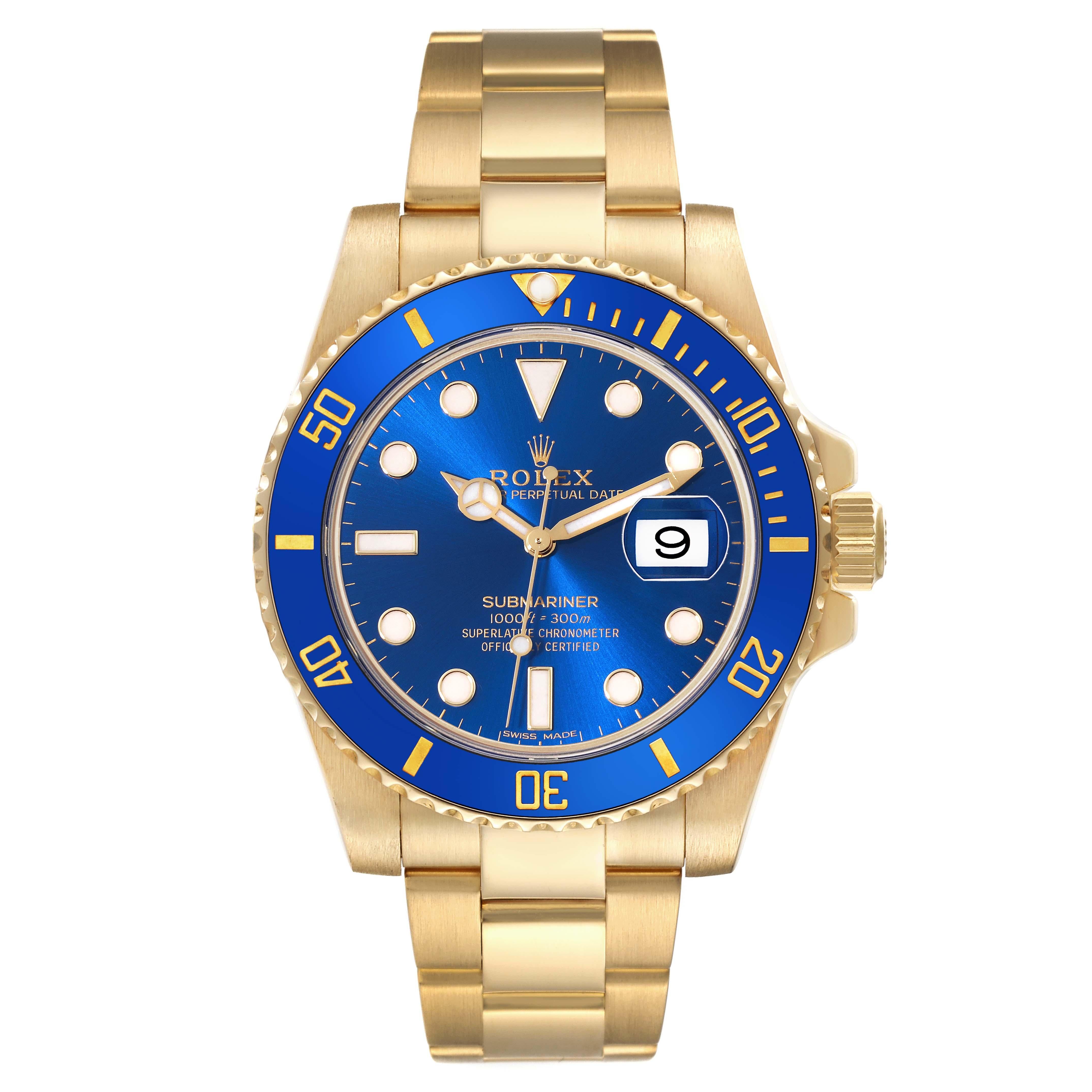 Rolex Submariner Yellow Gold Blue Dial Ceramic Bezel Mens Watch 116618 Box Card In Excellent Condition For Sale In Atlanta, GA