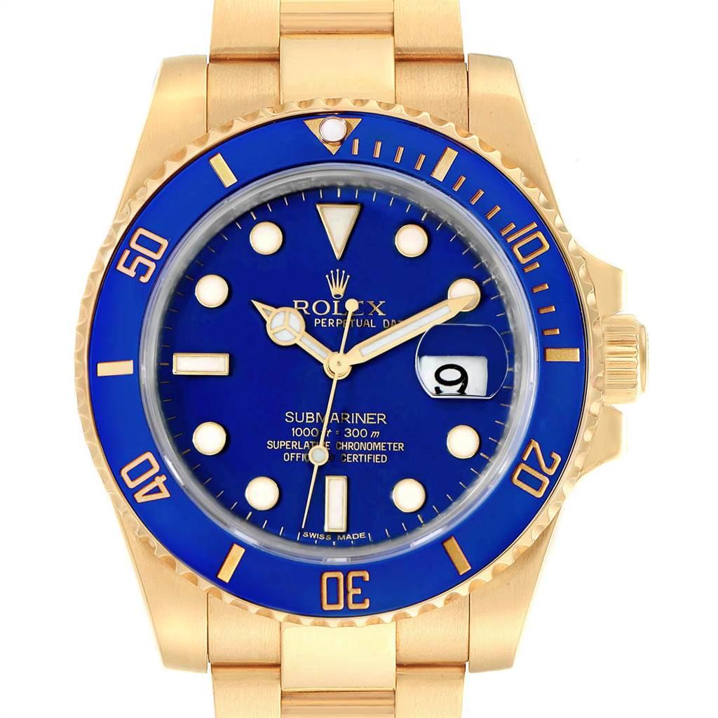 Rolex Submariner Yellow Gold Blue Dial Ceramic Bezel Mens Watch 116618. Officially certified chronometer self-winding movement. 18k yellow gold case 40.0 mm in diameter. Rolex logo on a crown. Ceramic blue Ion-plated special time-lapse