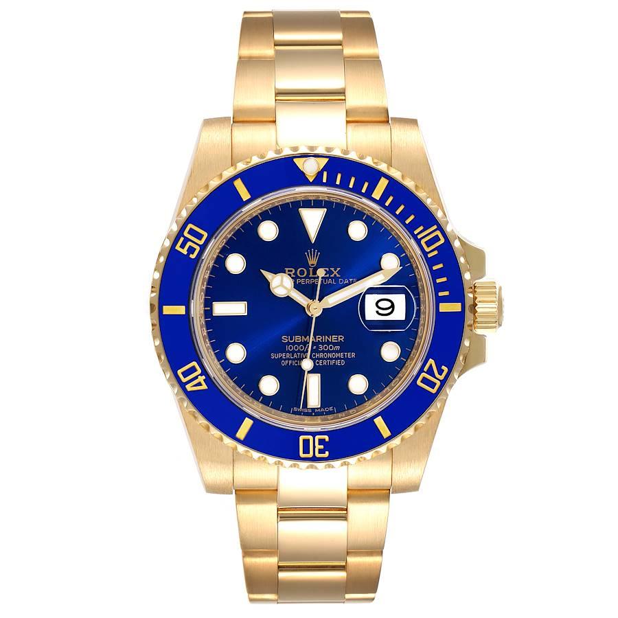 Rolex Submariner Yellow Gold Blue Dial Ceramic Bezel Mens Watch 116618. Mouvement à remontage automatique officiellement certifié chronomètre. Boîtier en or jaune 18 carats de 40,0 mm de diamètre. Logo Rolex sur une couronne. Lunette tournante