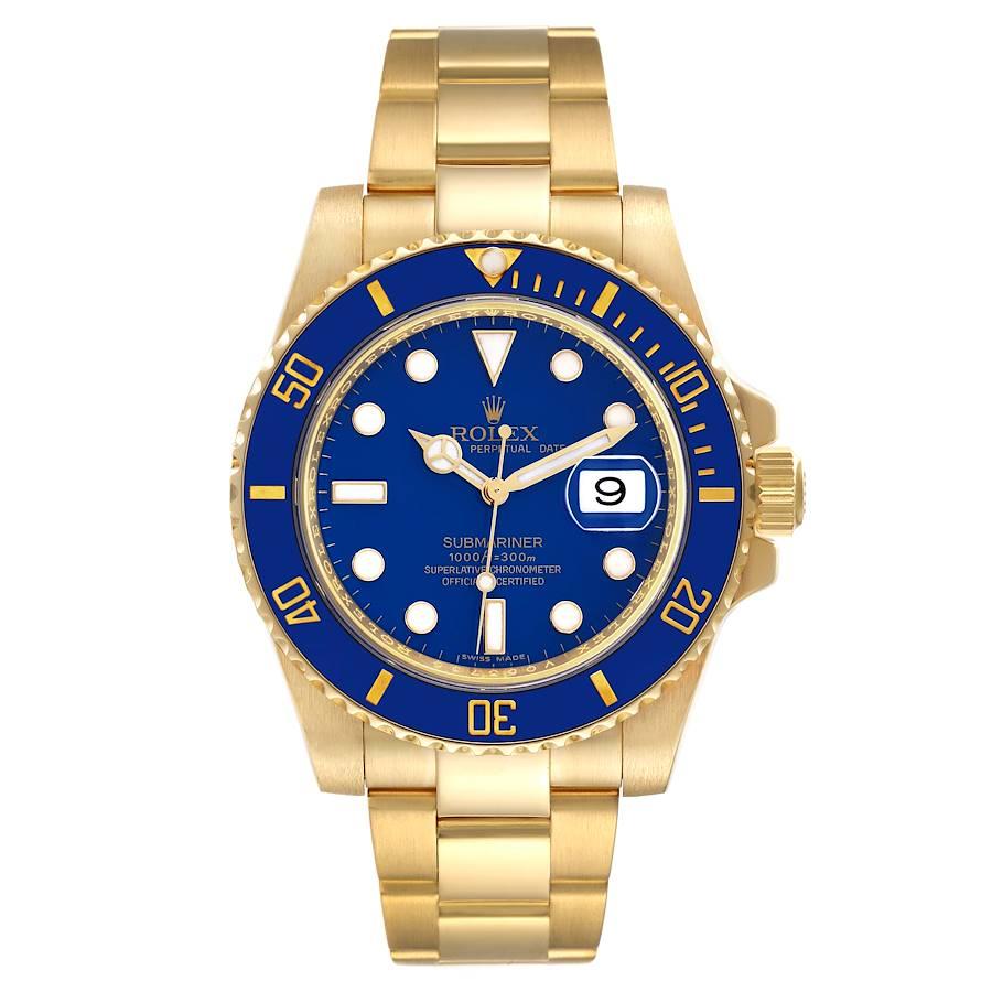 Rolex Submariner Yellow Gold Blue Dial Ceramic Bezel Mens Watch 116618. Officially certified chronometer automatic self-winding movement. 18k yellow gold case 40.0 mm in diameter. Rolex logo on the crown. Ceramic blue Ion-plated special time-lapse