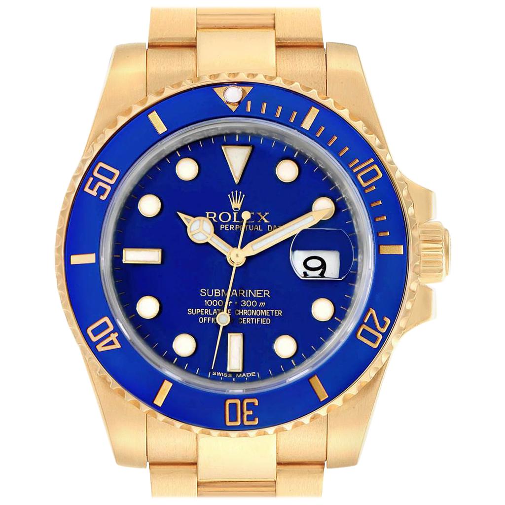 Rolex Submariner Yellow Gold Blue Dial Ceramic Bezel Men's Watch 116618 For Sale