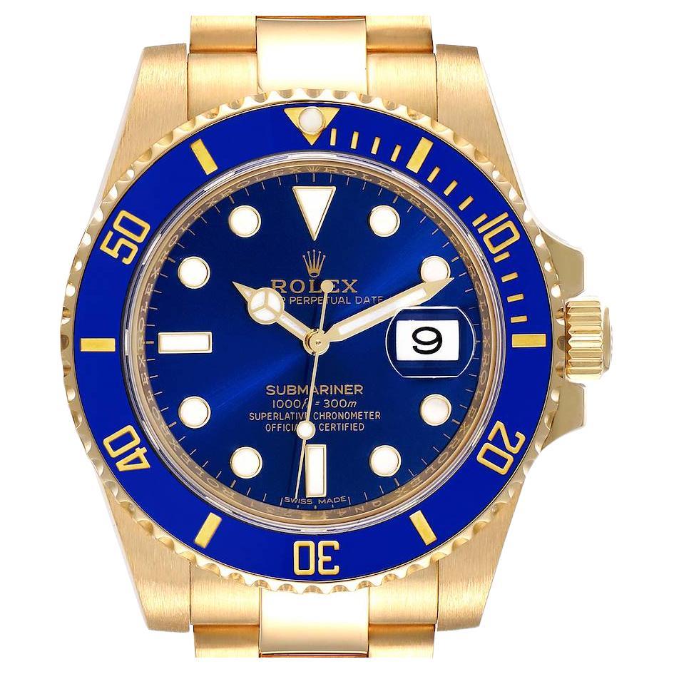 Rolex Submariner Yellow Gold Blue Dial Ceramic Bezel Mens Watch 116618 en vente