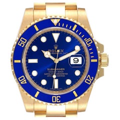 Used Rolex Submariner Yellow Gold Blue Dial Ceramic Bezel Mens Watch 116618