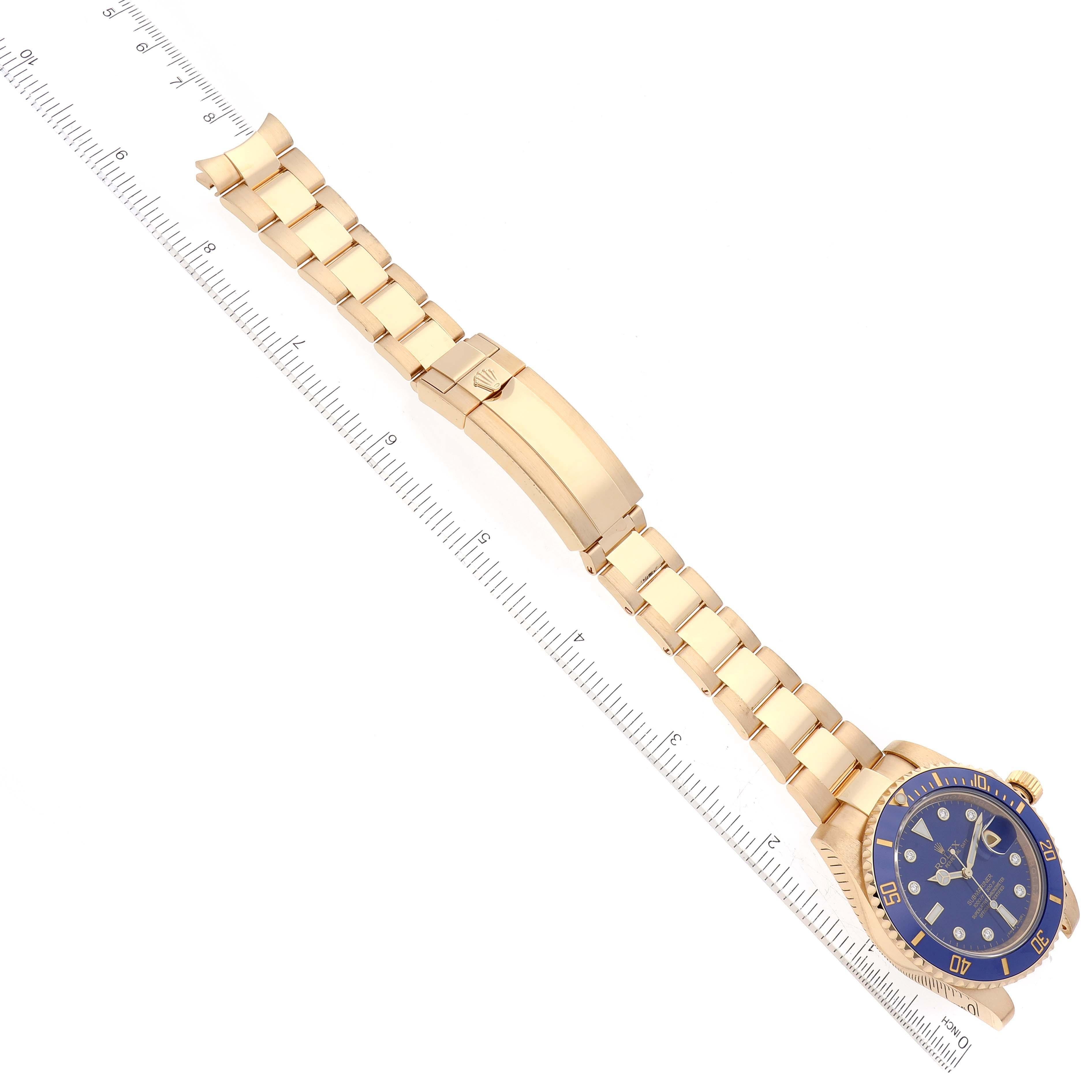 Rolex Submariner Yellow Gold Blue Diamond Dial Mens Watch 116618 Box Card For Sale 8