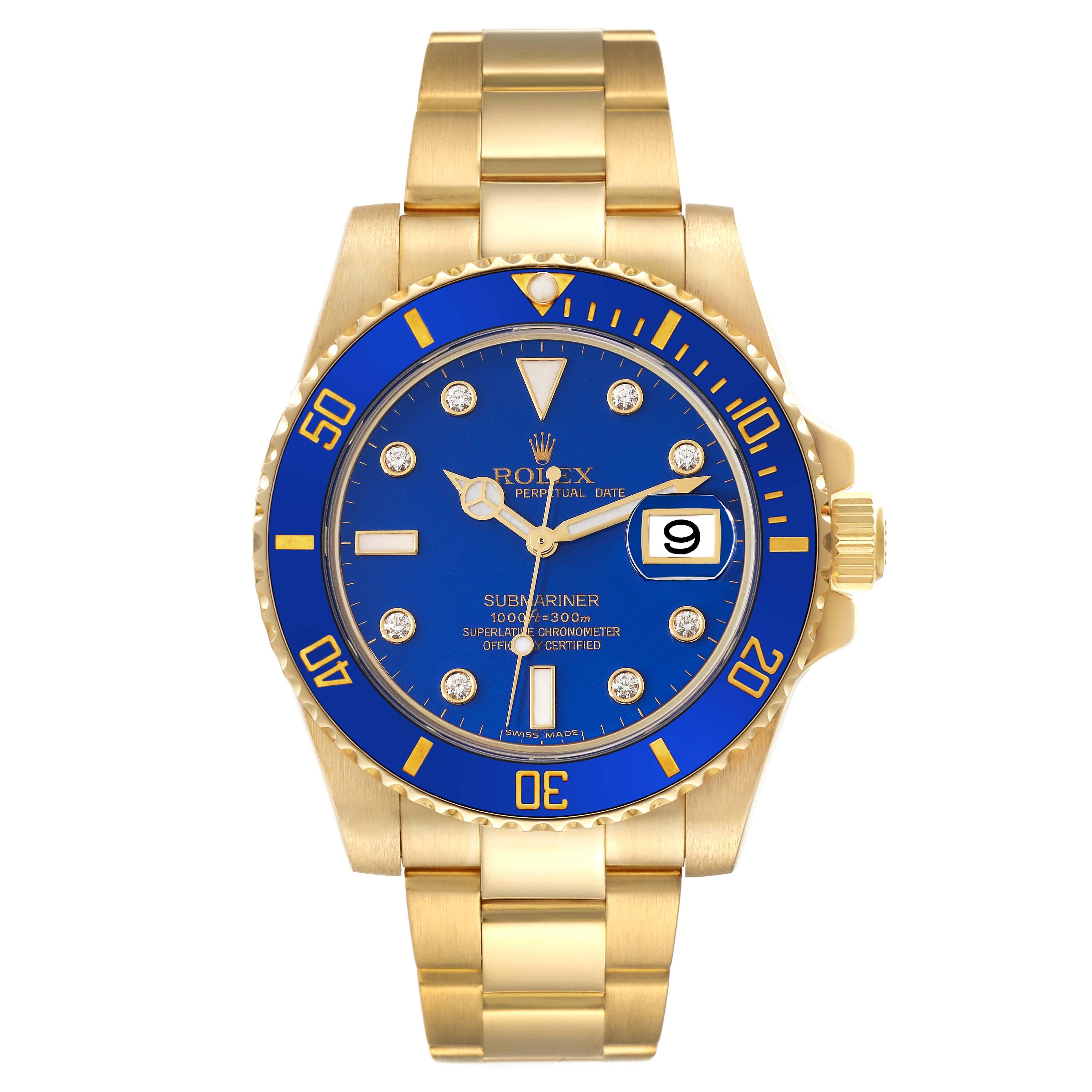 Rolex Submariner Yellow Gold Blue Diamond Dial Mens Watch 116618 Box Card. Officially certified chronometer self-winding movement. 18k yellow gold case 40.0 mm in diameter. Rolex logo on a crown. Ceramic blue Ion-plated special time-lapse