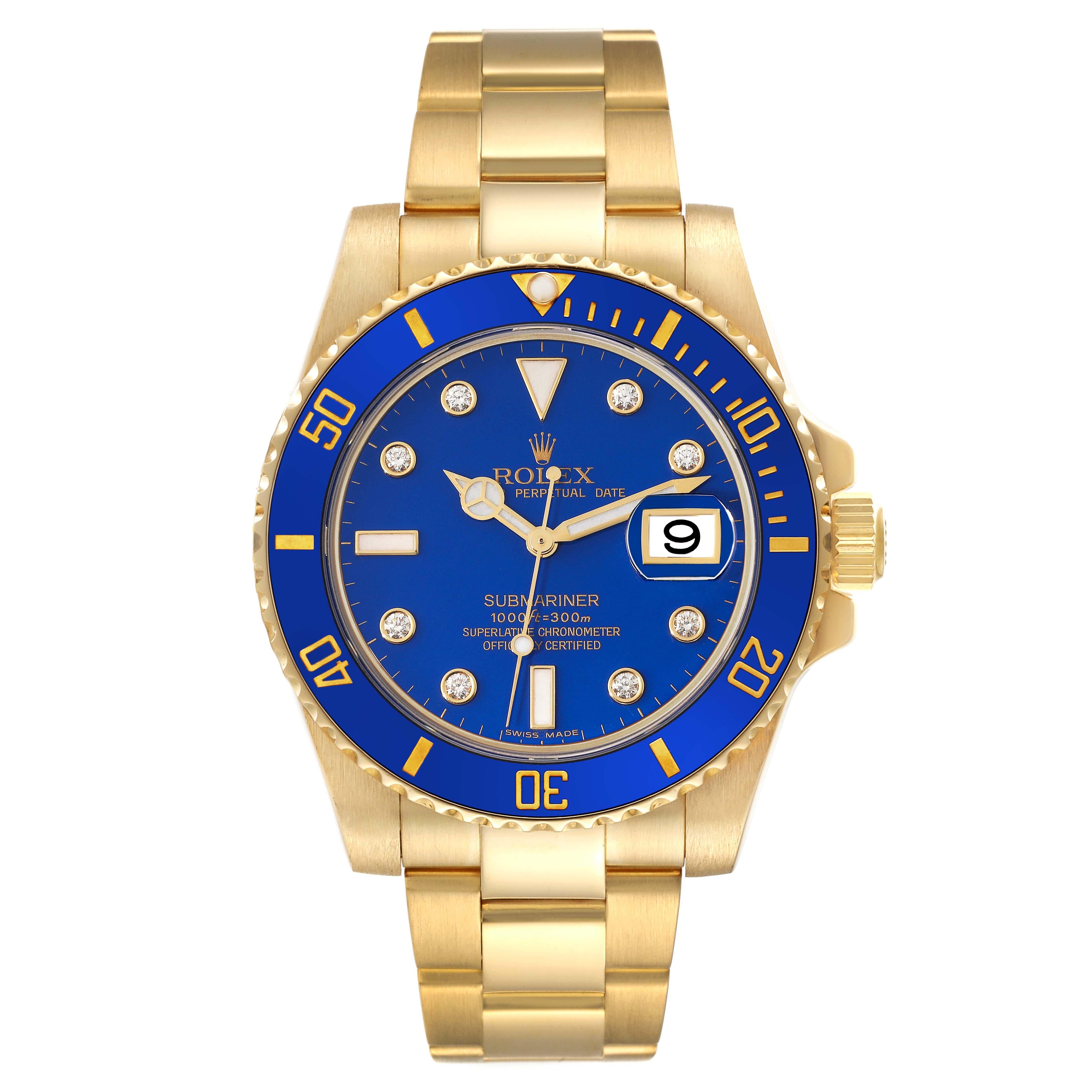 Rolex Submariner Gelbgold Blau Diamant-Zifferblatt Herrenuhr 116618 Box Card. Offiziell zertifiziertes Chronometerwerk mit automatischem Aufzug. Gehäuse aus 18 Karat Gelbgold mit einem Durchmesser von 40,0 mm. Rolex Logo auf einer Krone. Blaue, mit