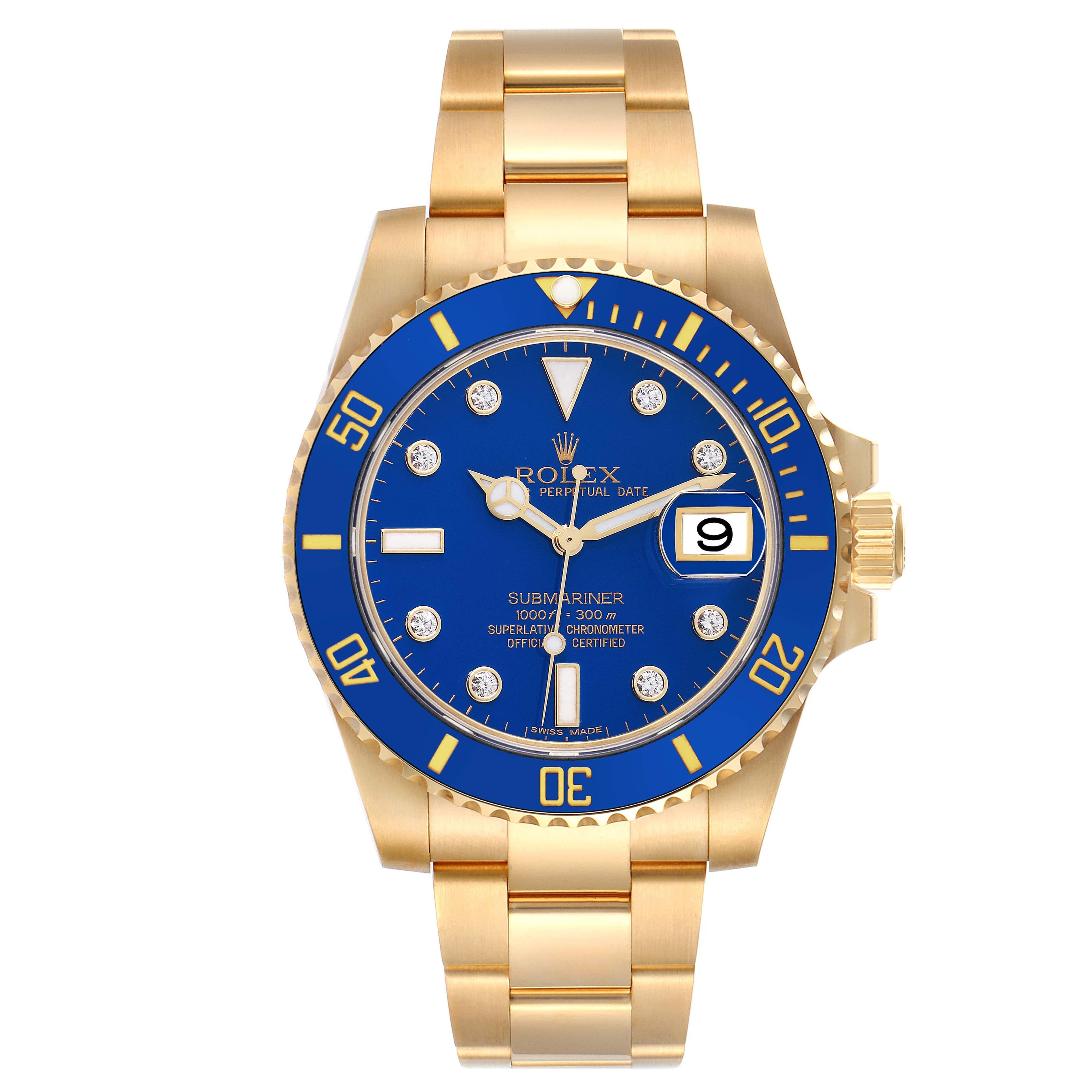 Rolex Submariner Yellow Gold Blue Diamond Dial Mens Watch 116618 Box Card For Sale 1