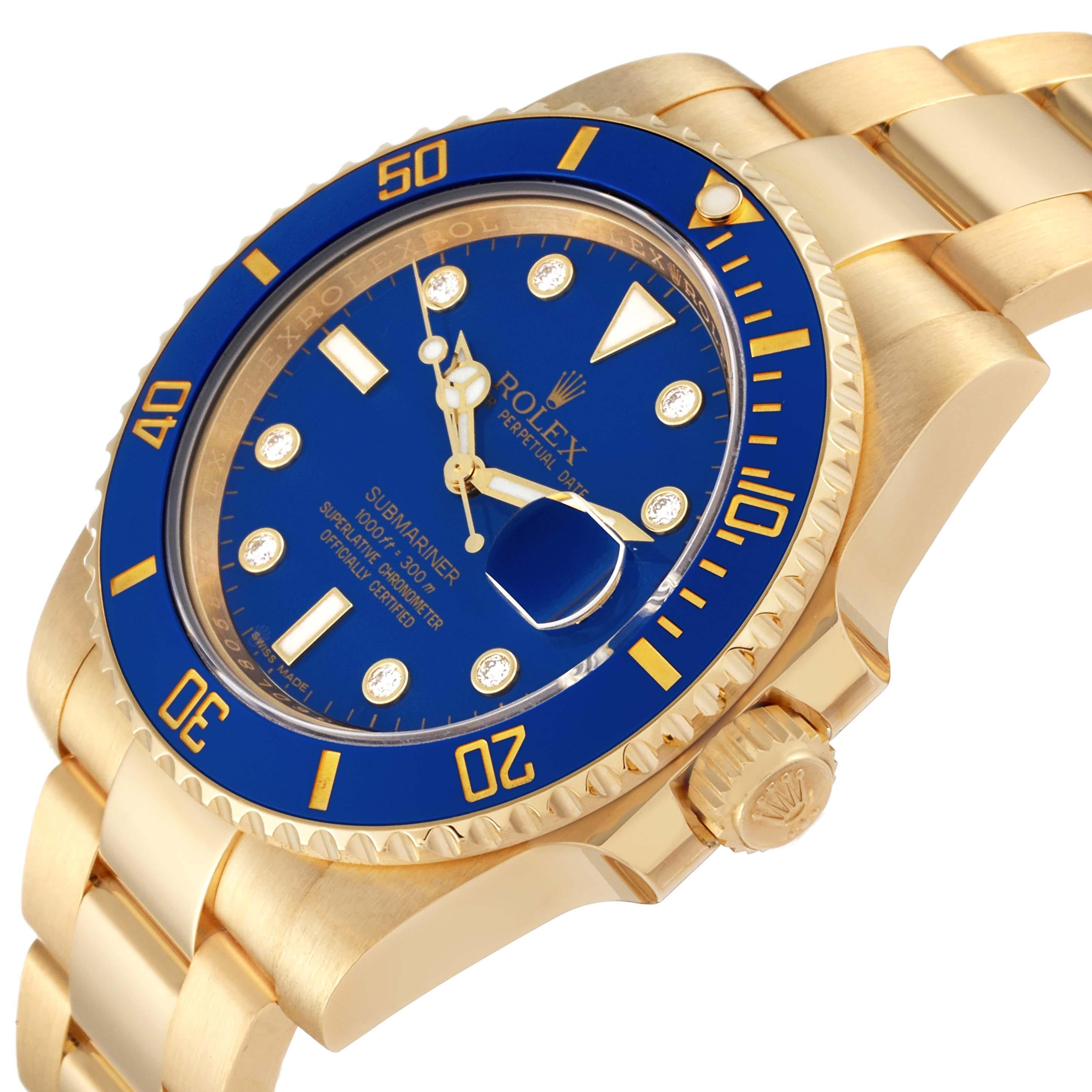 Rolex Submariner Yellow Gold Blue Diamond Dial Mens Watch 116618 Box Card For Sale 2