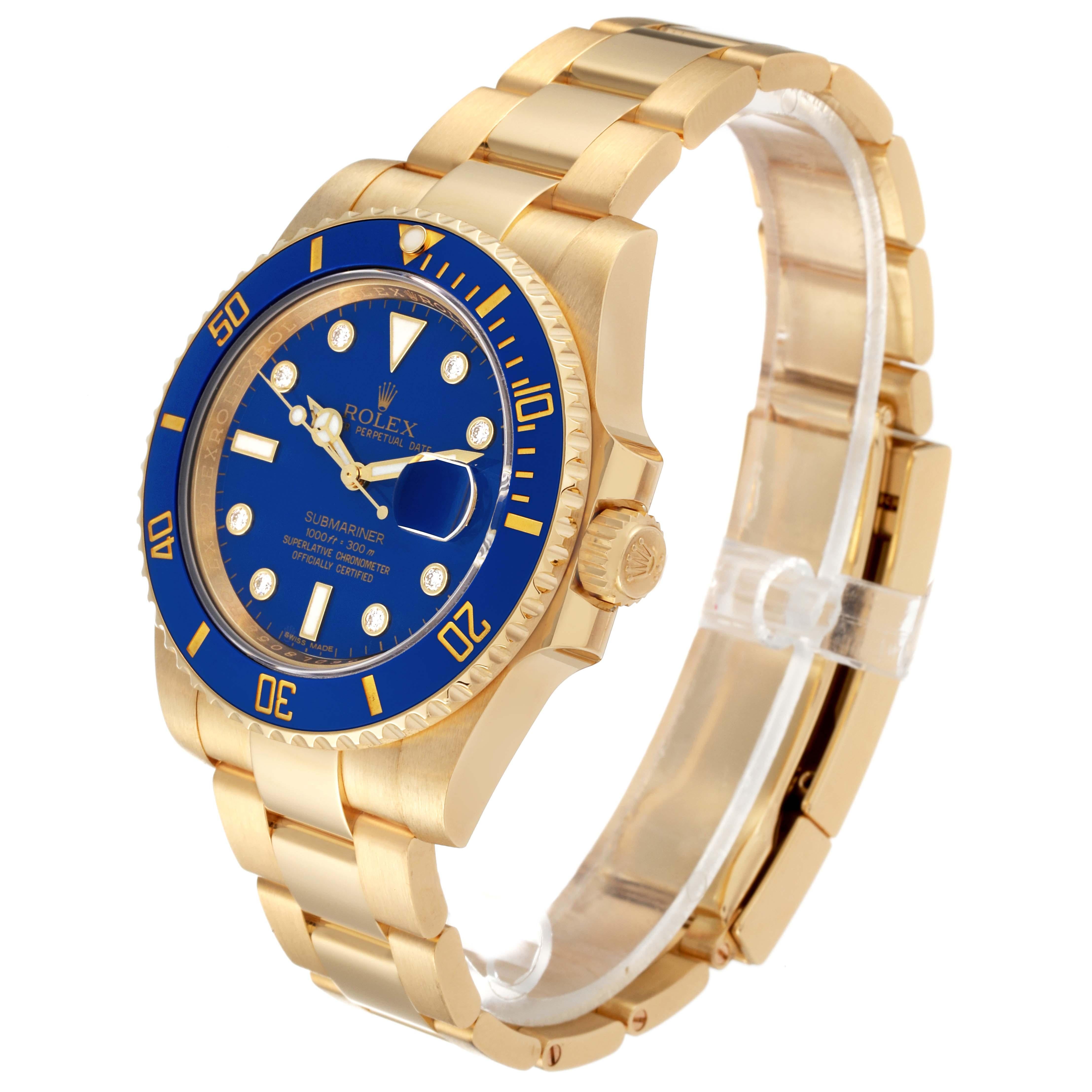 Rolex Submariner Yellow Gold Blue Diamond Dial Mens Watch 116618 Box Card For Sale 3