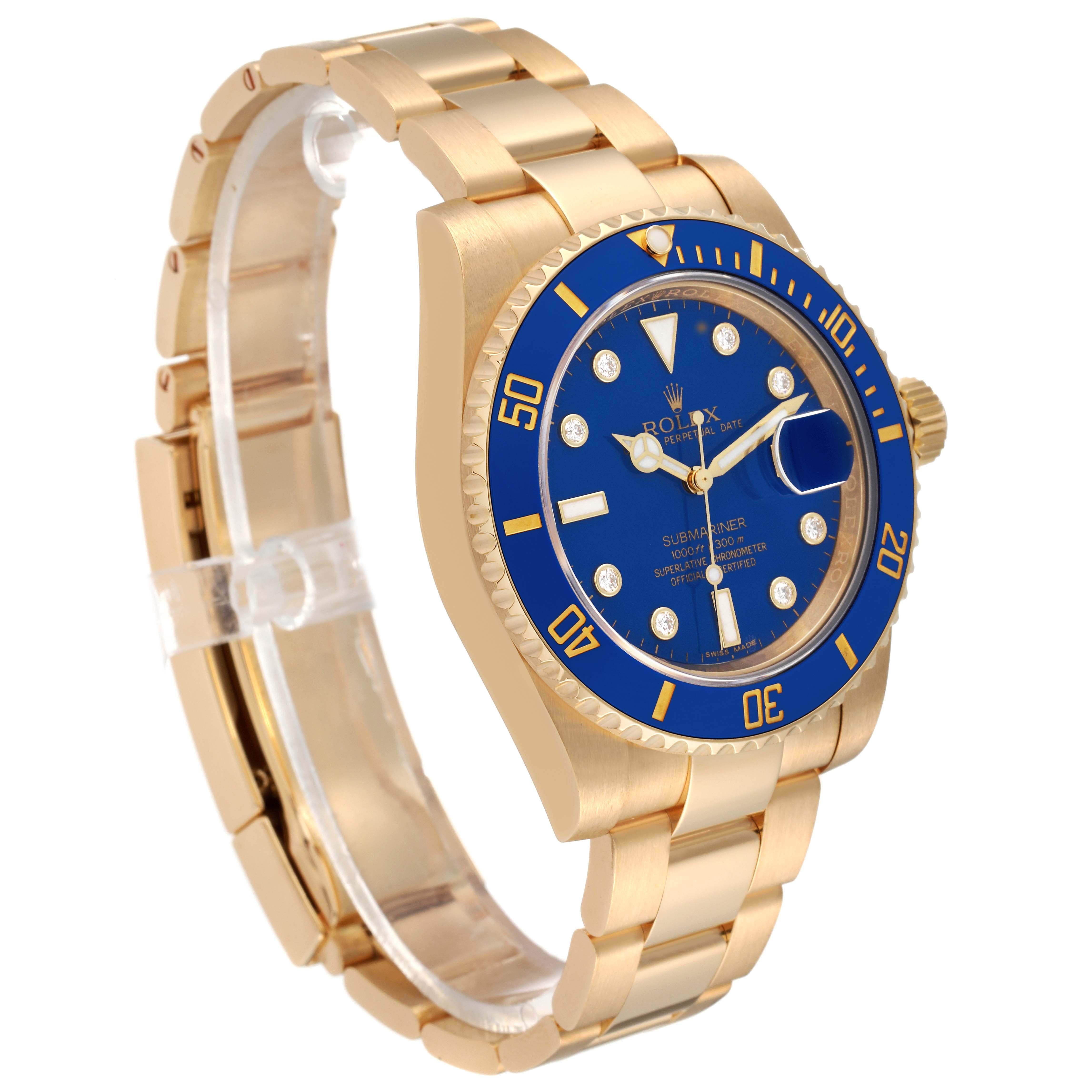 Rolex Submariner Yellow Gold Blue Diamond Dial Mens Watch 116618 Box Card For Sale 4