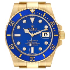 Rolex Submariner Yellow Gold Blue Diamond Dial Mens Watch 116618 Box Card
