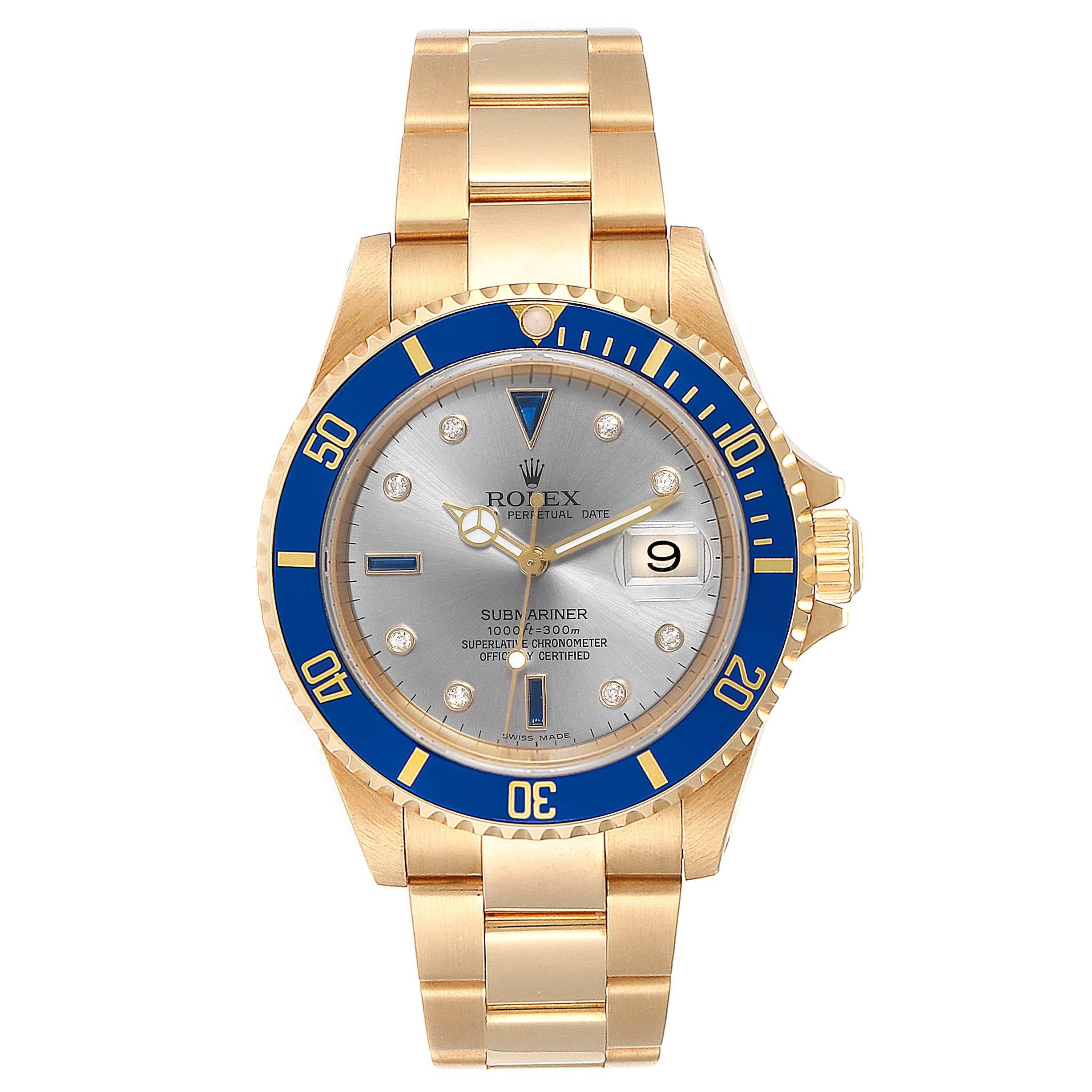 Rolex Submariner Yellow Gold Diamond Sapphire Serti Dial Watch 16618. Officially certified chronometer self-winding movement. 18k yellow gold case 40.0 mm in diameter. Rolex logo on a crown. Blue insert special time-lapse unidirectional rotating