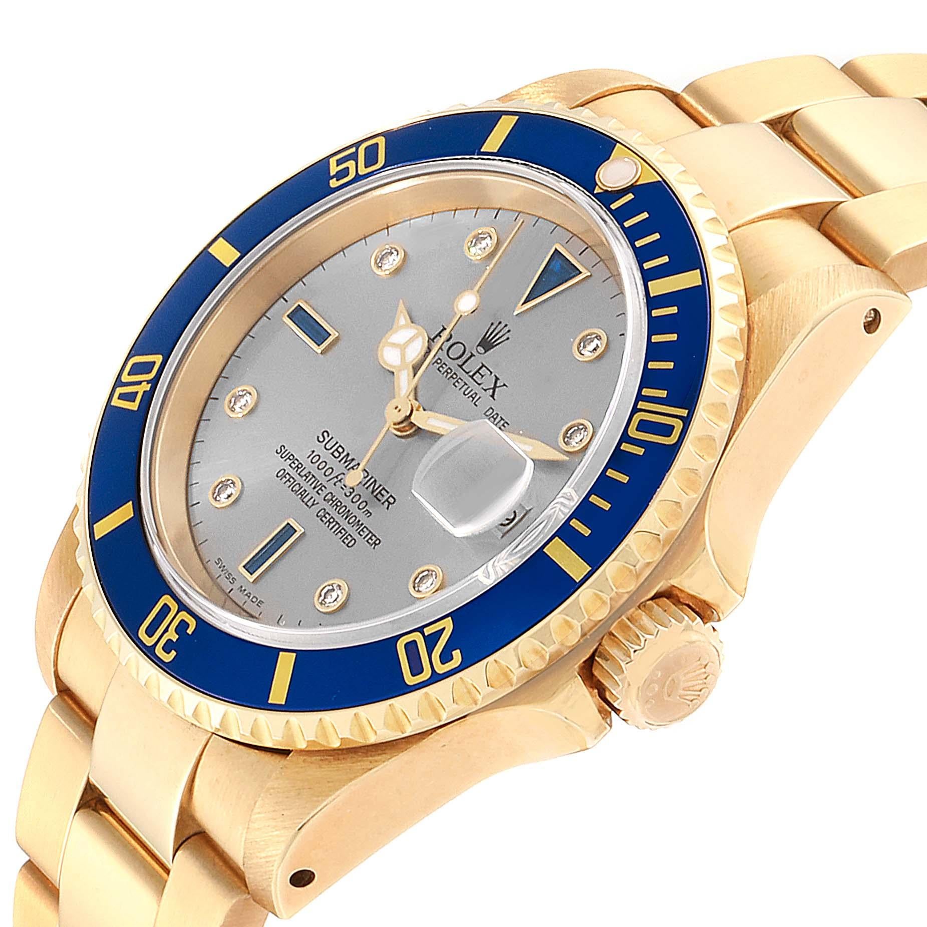 Rolex Submariner Yellow Gold Diamond Sapphire Serti Dial Watch 16618 1
