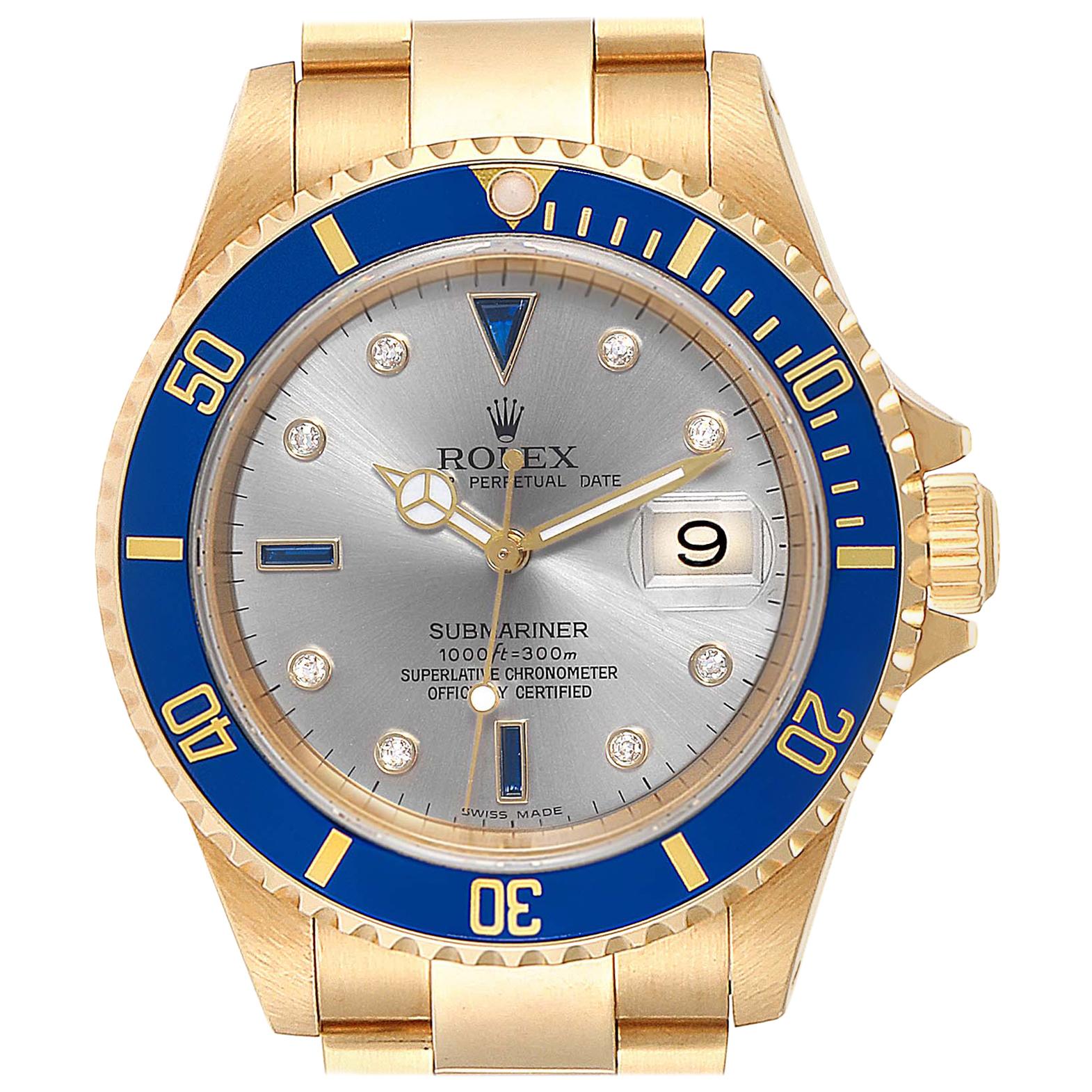 Rolex Submariner Yellow Gold Diamond Sapphire Serti Dial Watch 16618