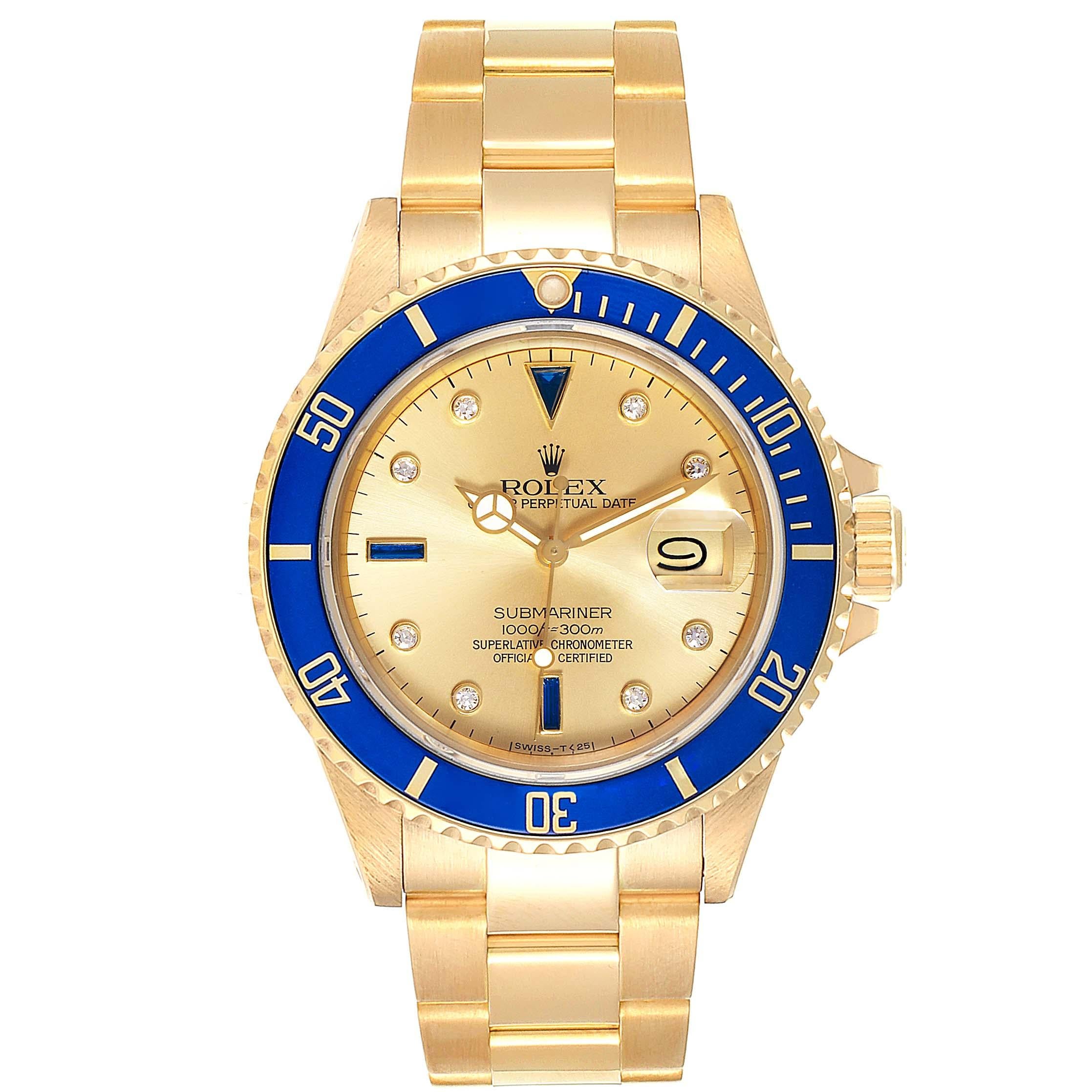 Rolex Submariner Yellow Gold Diamond Sapphire Serti Dial Watch 16808. Officially certified chronometer self-winding movement. 18k yellow gold case 40.0 mm in diameter. Rolex logo on a crown. Blue insert special time-lapse unidirectional rotating