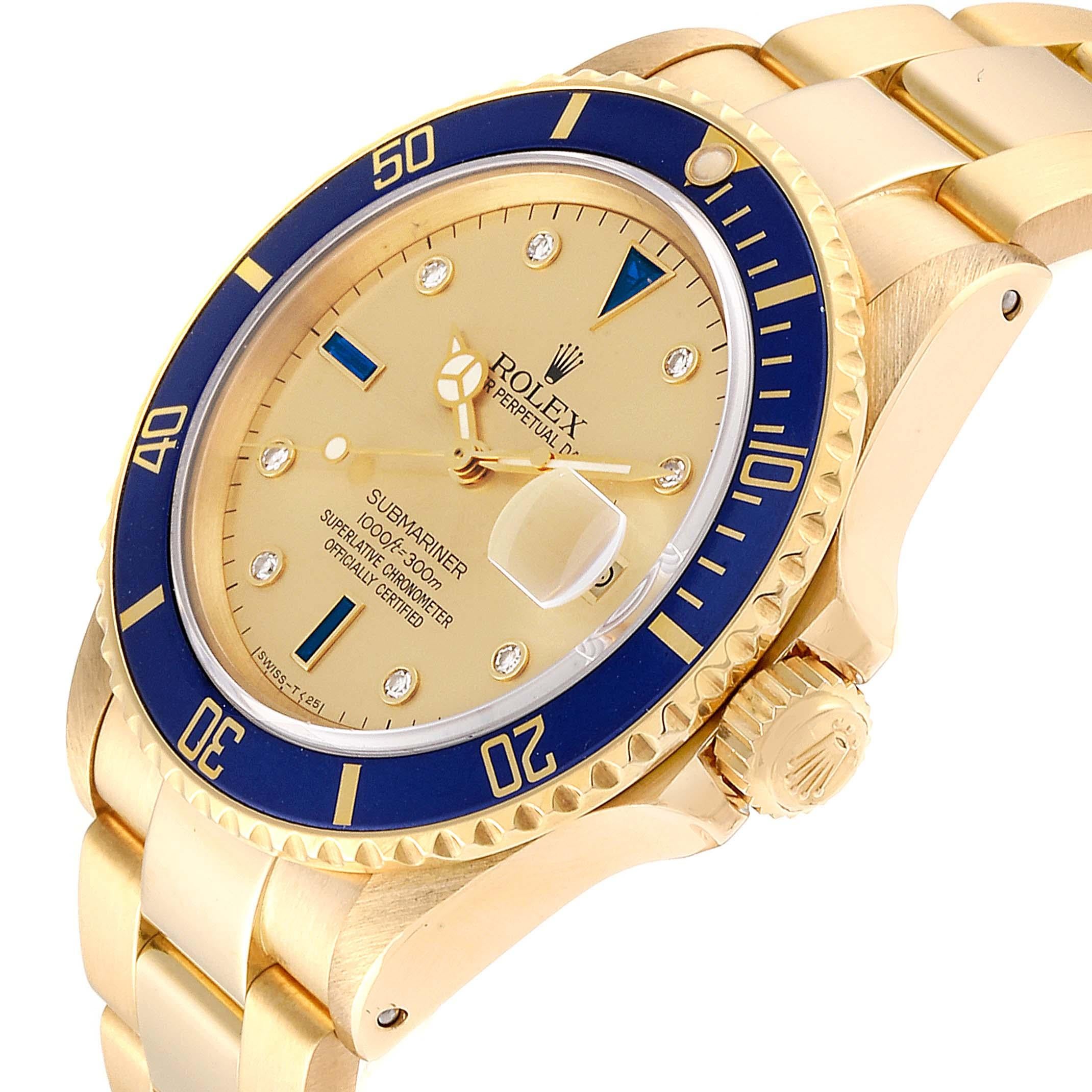 Rolex Submariner Yellow Gold Diamond Sapphire Serti Dial Watch 16808 In Excellent Condition In Atlanta, GA