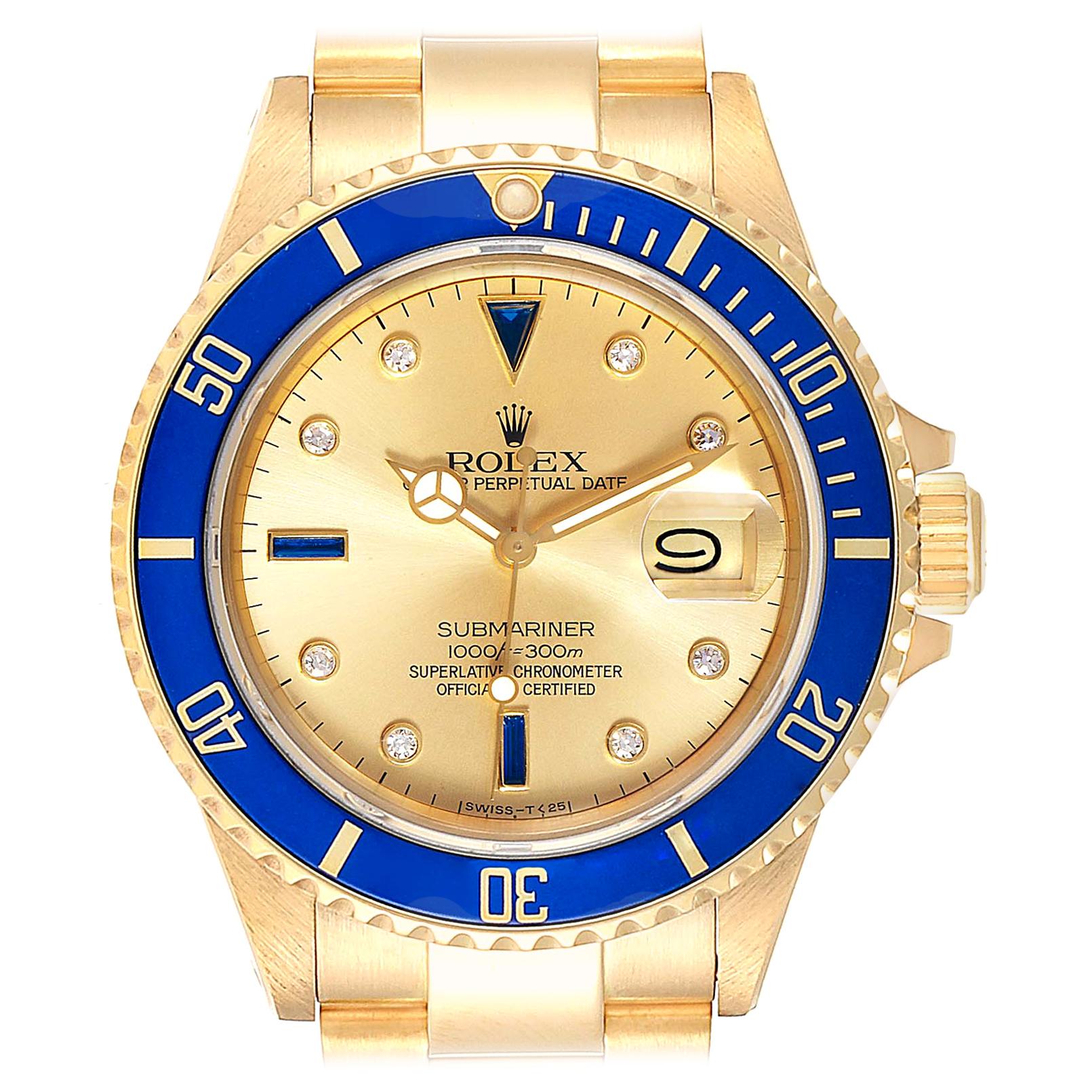 Rolex Submariner Yellow Gold Diamond Sapphire Serti Dial Watch 16808