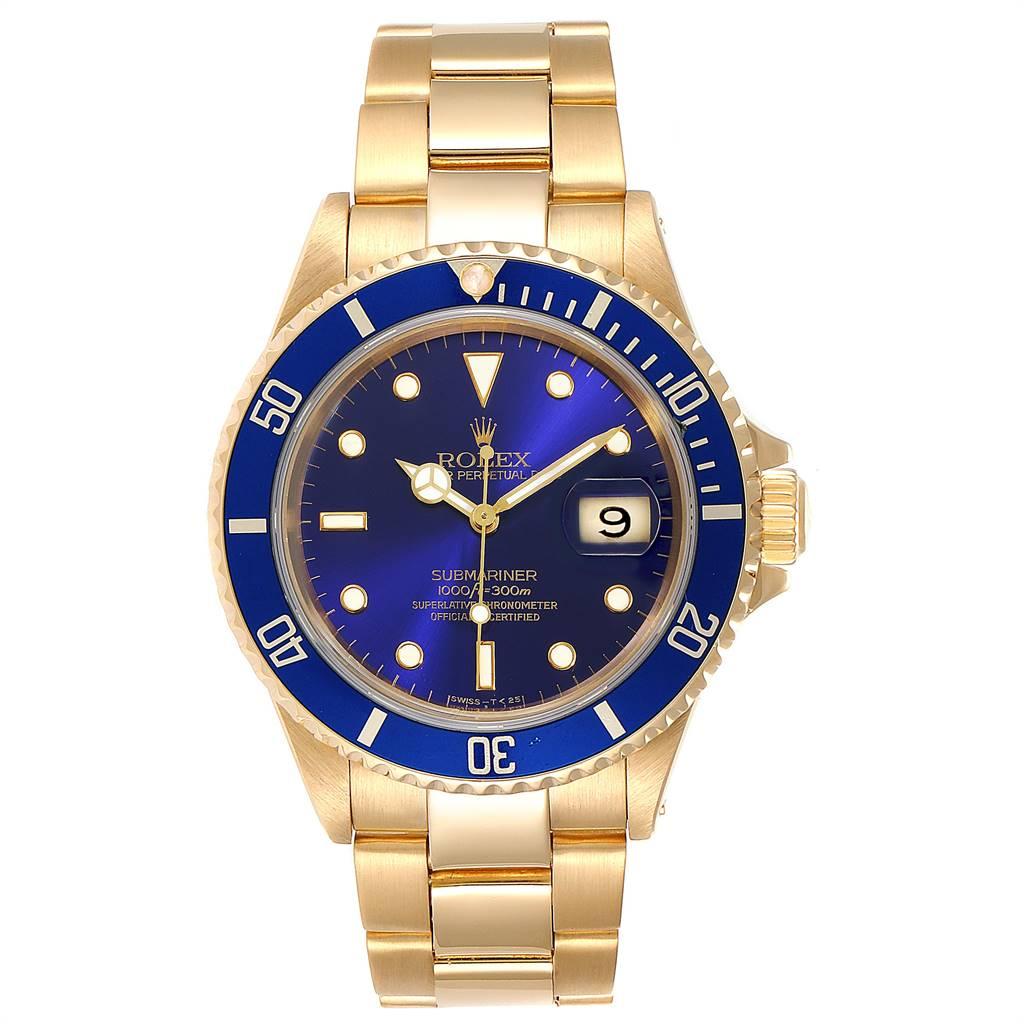 Rolex Submariner Yellow Gold Purple Dial 40mm Mens Watch 16618. Officially certified chronometer self-winding movement. 18k yellow gold case 40.0 mm in diameter. Rolex logo on a crown. Blue insert special time-lapse unidirectional rotating bezel.