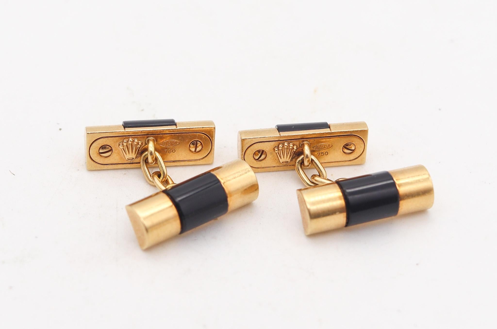Modernist Rolex Swiss President Curved Links Cufflinks In 18Kt Gold With 4 Black Onyxes For Sale