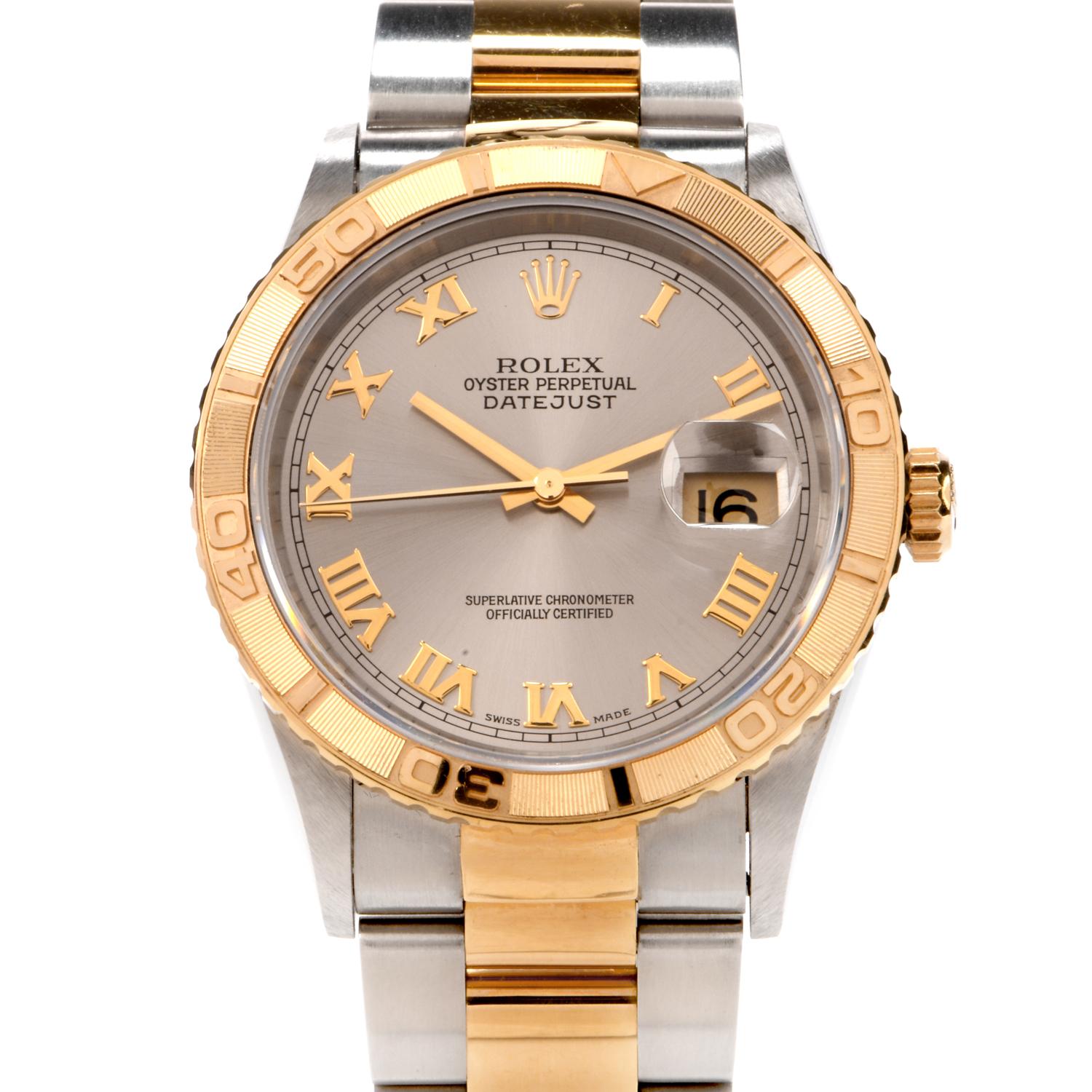 Feel the prestige in wearing this preowned unisex 36mm Stainless Steel

and 18K yellow gold Rolex Oyster Perpetual Datejust Watch.

Featuring a 1 jewel automatic movement, this watch has a Sapphire

scratch resistant crystal and is water resistant