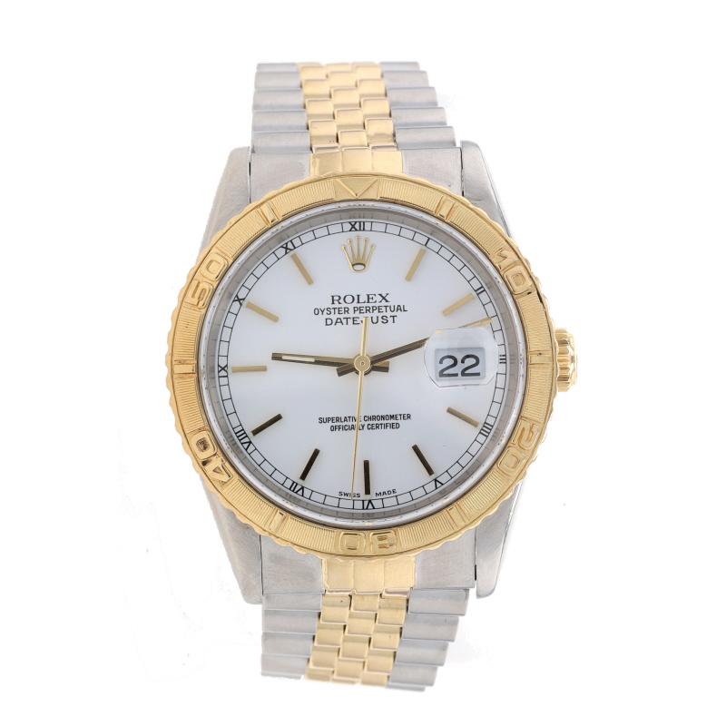 Brand: Rolex  
Model: Thunderbird Datejust
Model Number: 16263
Dial Color: White Roman
Year: 1990
Metal Content: Stainless Steel & 18k Yellow Gold 
Movement: Swiss Automatic
Warranty: One-Year

Case Width (not including the crown): 36mm
Band Width: