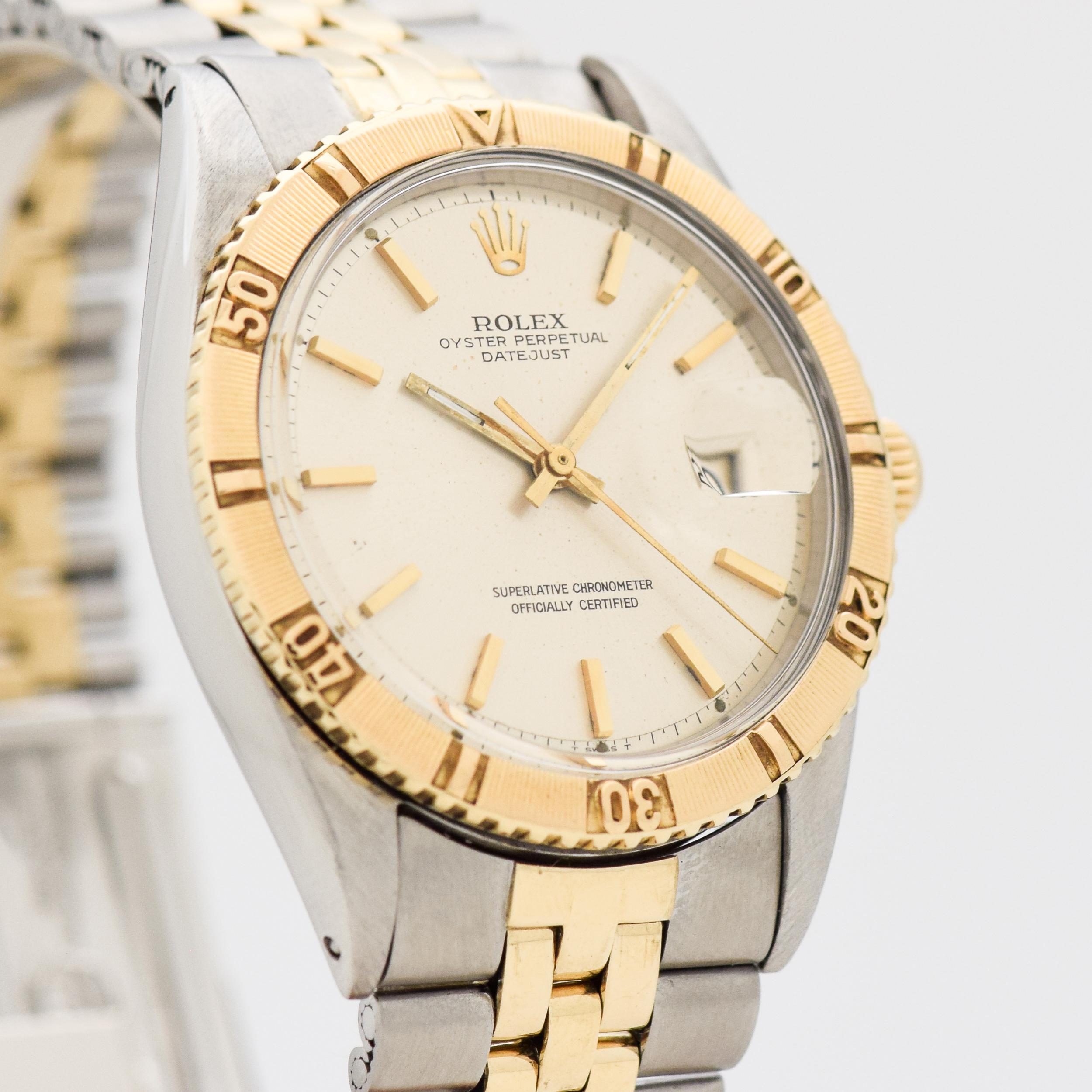 1968 Vintage Rolex Thunderbird Turn-O-Graph Bezel Datejust Ref. 1625 Two Tone 14k Yellow Gold and Stainless Steel watch with Original Silver Dial with Attached Gold Stick/Bar/Baton Markers with Two Tone 14k Yellow Gold and Stainless Steel Jubilee