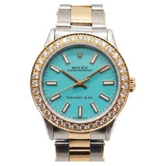 Rolex Tiffany & Co Blue Dial 14K Gold Steel Diamond Bezel Ladies Watch Rare