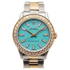 Rolex Tiffany & Co Blue Dial 14K Gold Steel Diamond Bezel Ladies Watch Rare