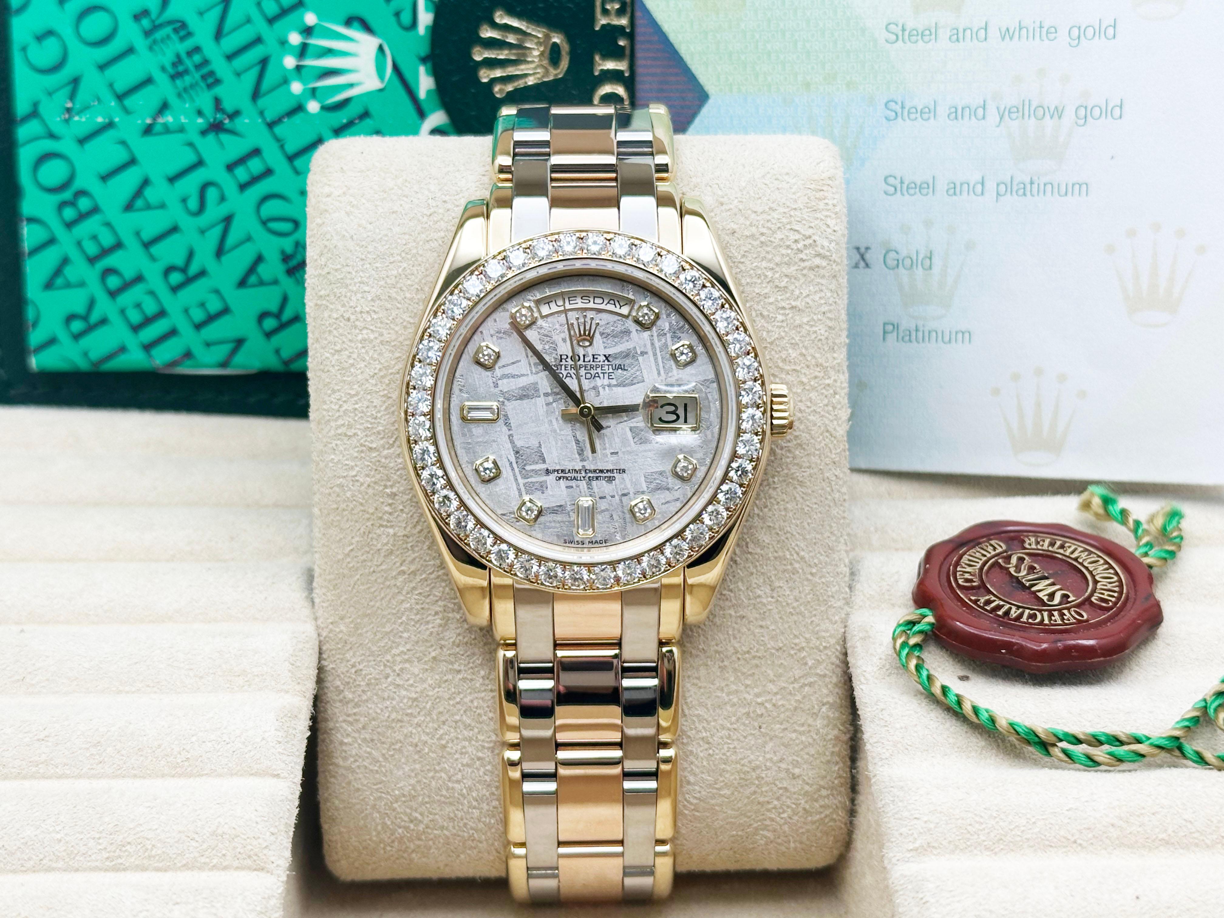 Rolex Tridor Masterpiece 18948 Meteorite Diamond Dial Bezel 18K Gold Box Paper in vendita 7