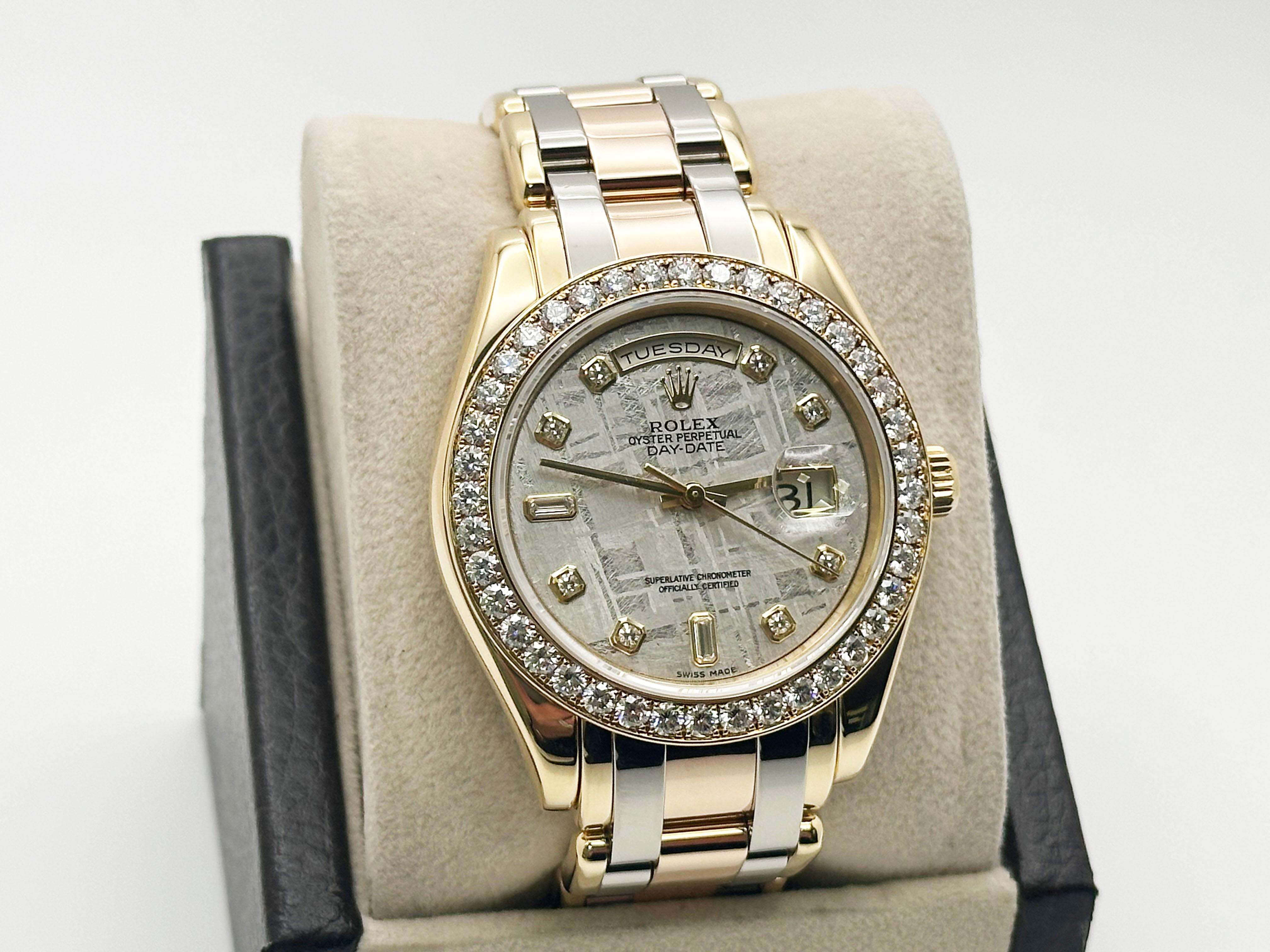 Rolex Tridor Masterpiece 18948 Meteorite Diamond Dial Bezel 18K Gold Box Paper In condizioni ottime in vendita a San Diego, CA